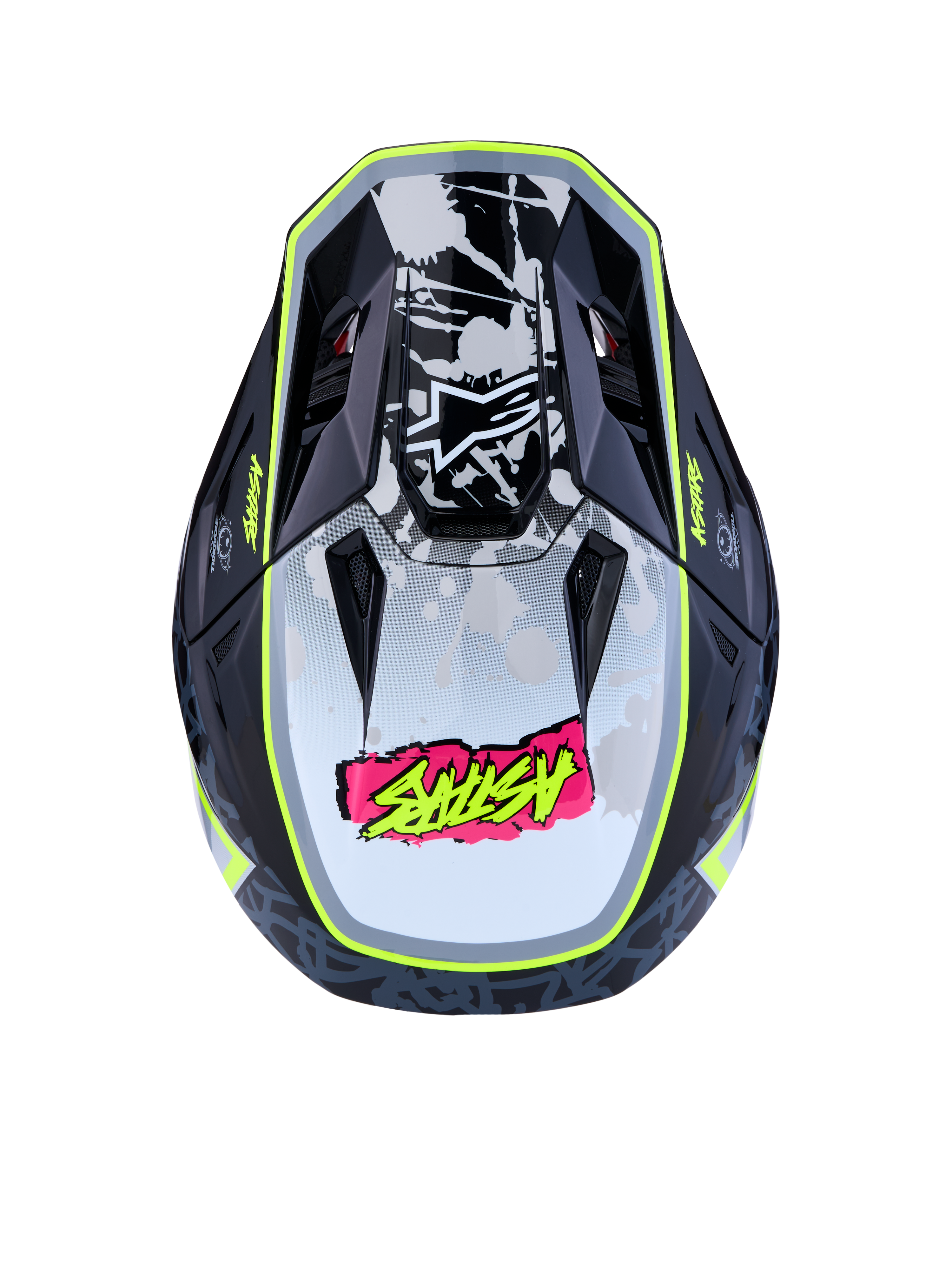Alpinestars S-M7 Blaster Helmet, Motocross Helmet, Gray and Yellow Fluo, aerodynamic top view with visor and bold graphics.