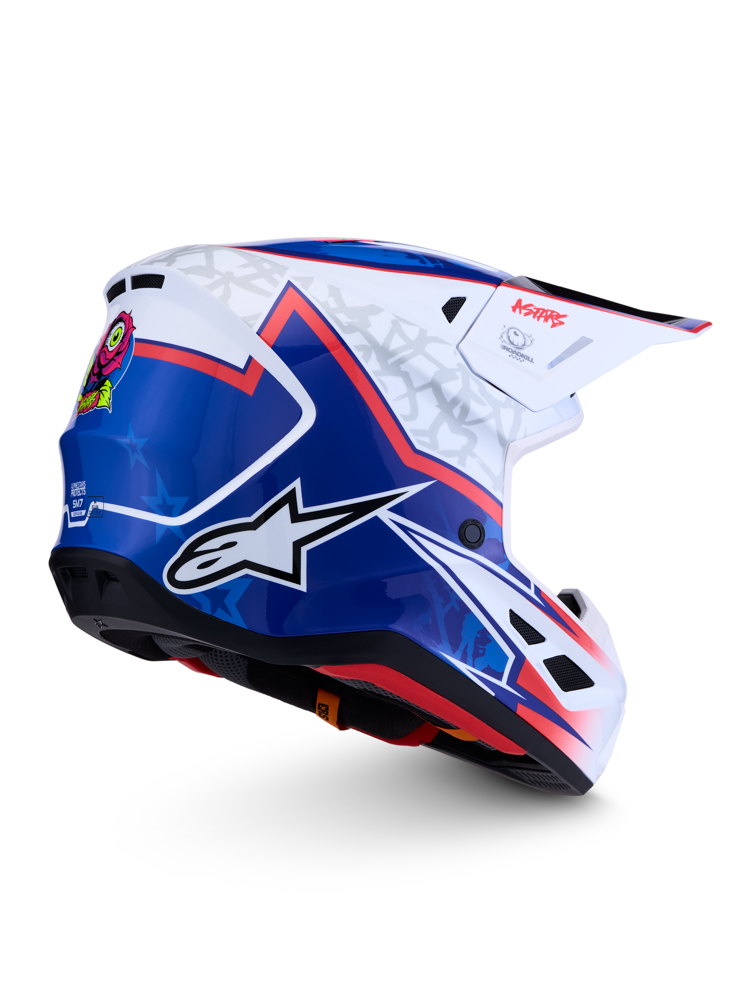 Alpinestars S-M7 Blaster Motocross Helmet, White/Blue/Red Glossy, aerodynamic design with advanced off-road protection.