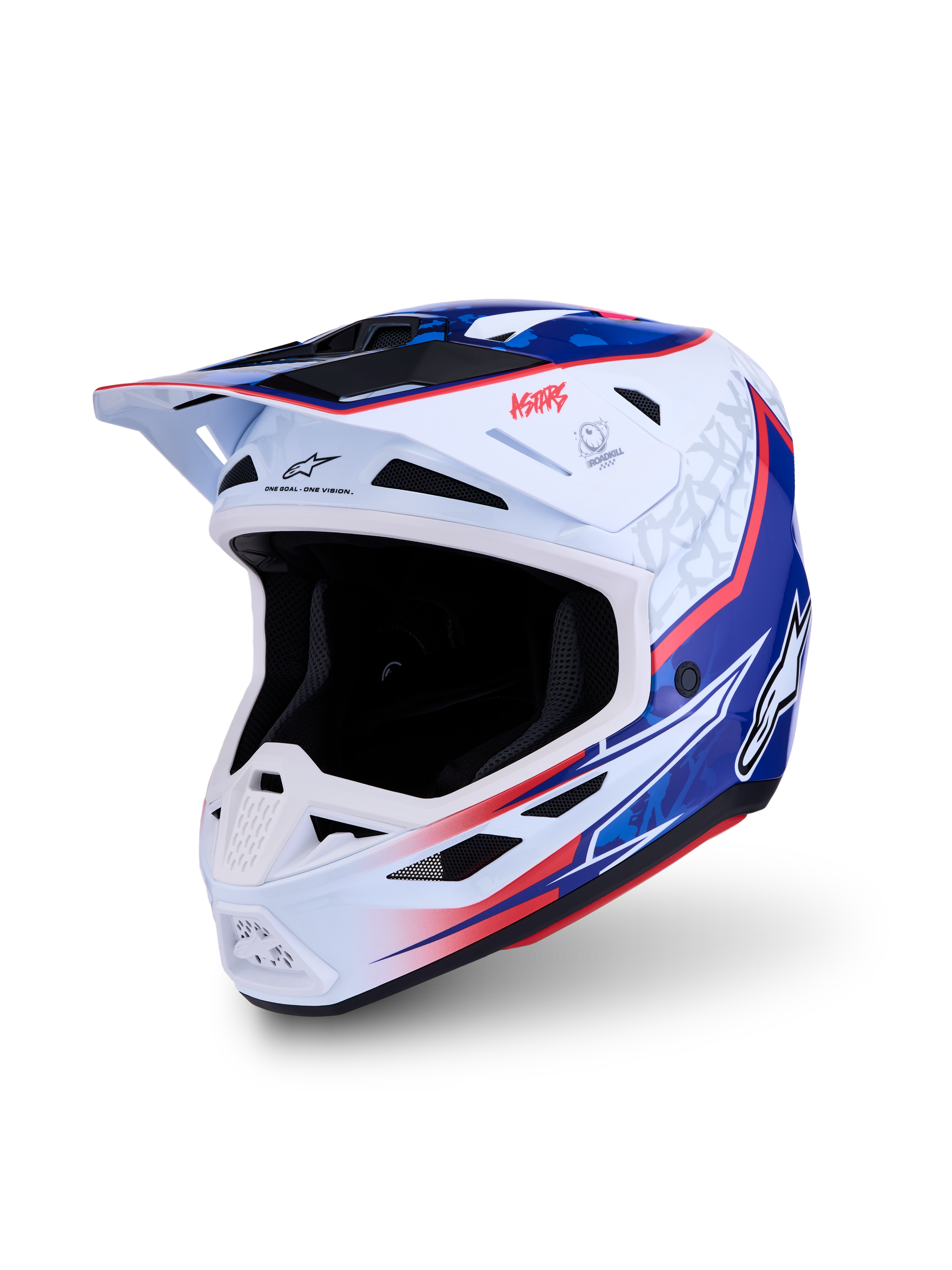 Alpinestars S-M7 Blaster Helmet ECE06/DOT, motocross helmet in white, blue, and red glossy, with a lightweight composite shell.