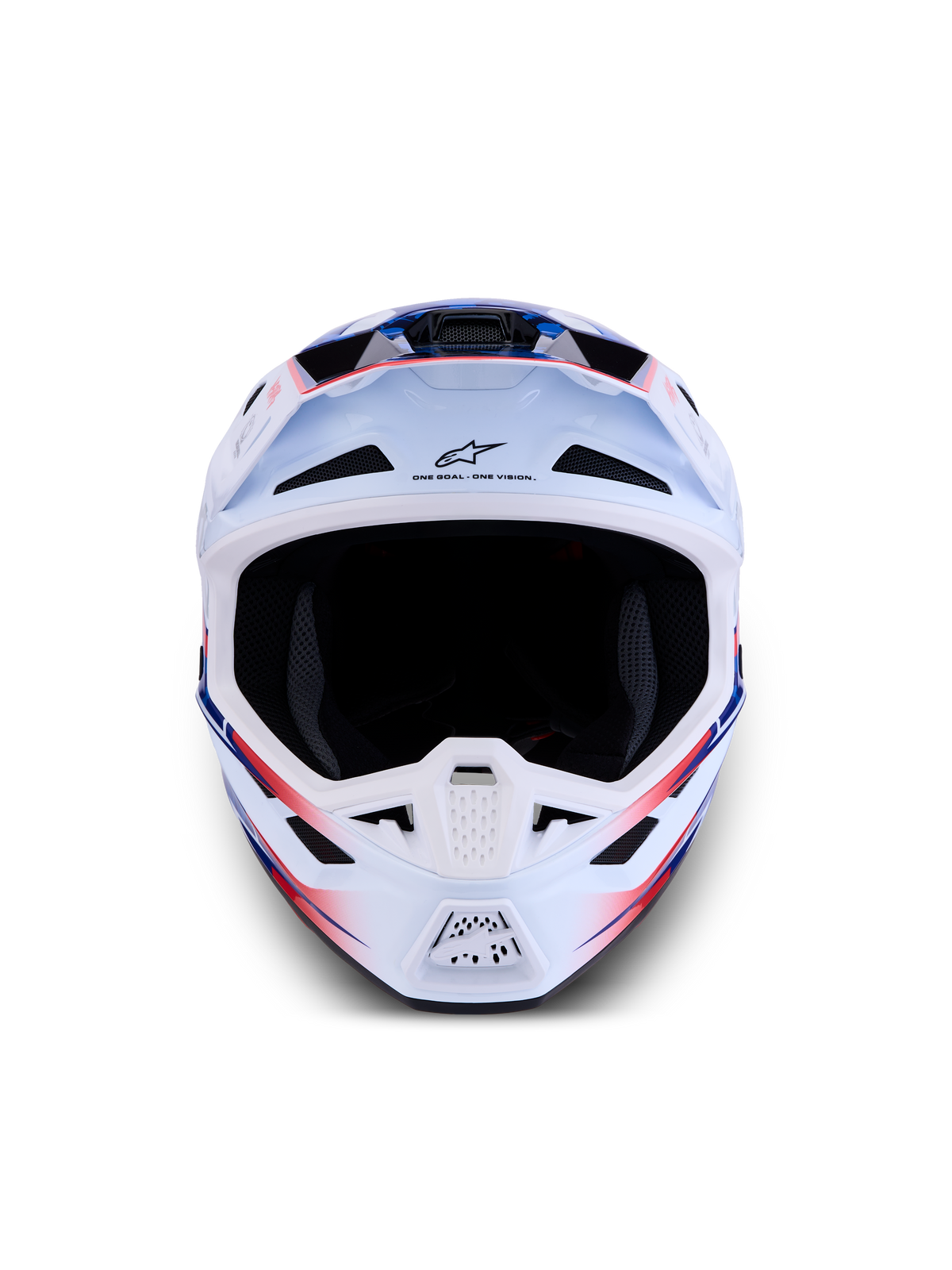 Alpinestars S-M7 Blaster Helmet, motocross racing, white, blue, and red glossy, ECE/DOT certified shell.