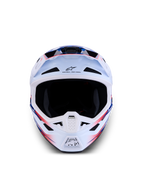 Alpinestars S-M7 Blaster Helmet, motocross racing, white, blue, and red glossy, ECE/DOT certified shell.