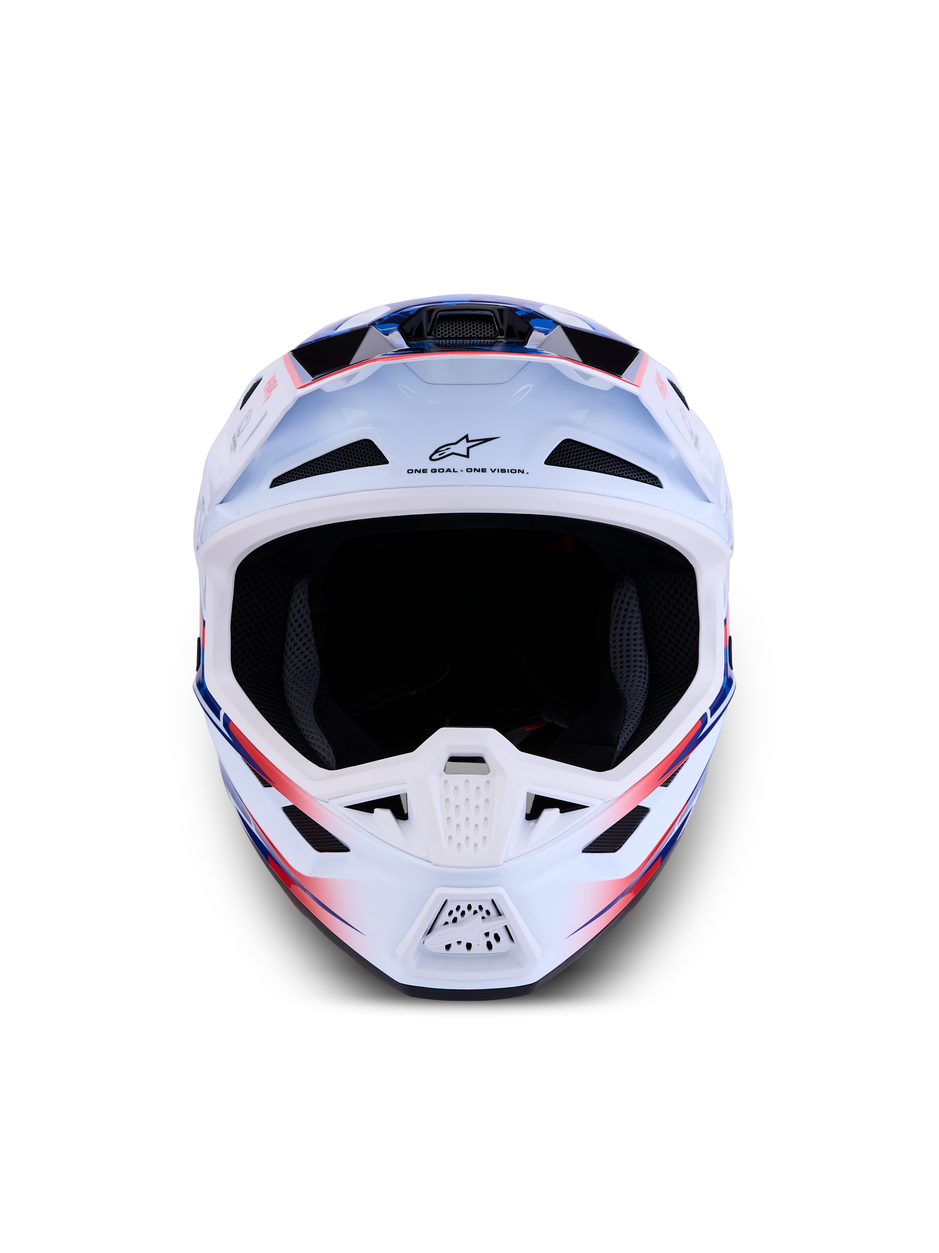 Alpinestars S-M7 Blaster Helmet, motocross racing, white, blue, and red glossy, ECE/DOT certified shell.