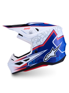 Alpinestars S-M7 Blaster Helmet, glossy white and blue motocross racing helmet with red accents and A-star logo.
