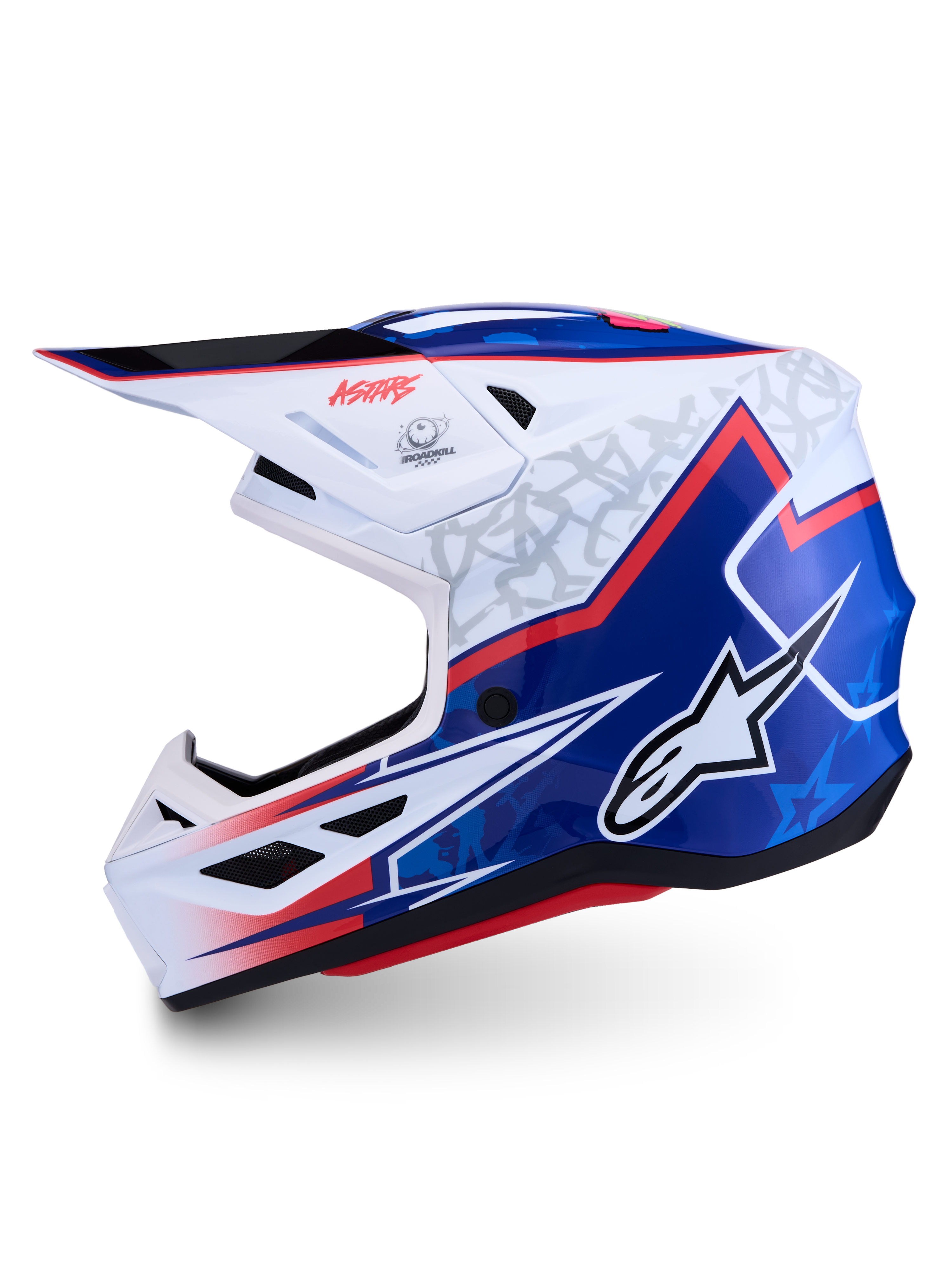 Alpinestars S-M7 Blaster Helmet, glossy white and blue motocross racing helmet with red accents and A-star logo.
