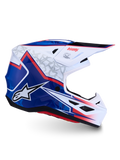 Alpinestars S-M7 Blaster Helmet, professional motocross helmet in White, Blue and Red glossy finish, featuring a lightweight composite shell and ECE 22.06 certification.