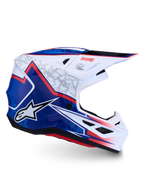 Alpinestars S-M7 Blaster Helmet, professional motocross helmet in White, Blue and Red glossy finish, featuring a lightweight composite shell and ECE 22.06 certification.