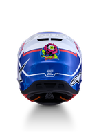 Alpinestars S-M7 Blaster Helmet, Blue and White Glossy MX Helmet with rear rose-eyeball graphic and star design motifs.