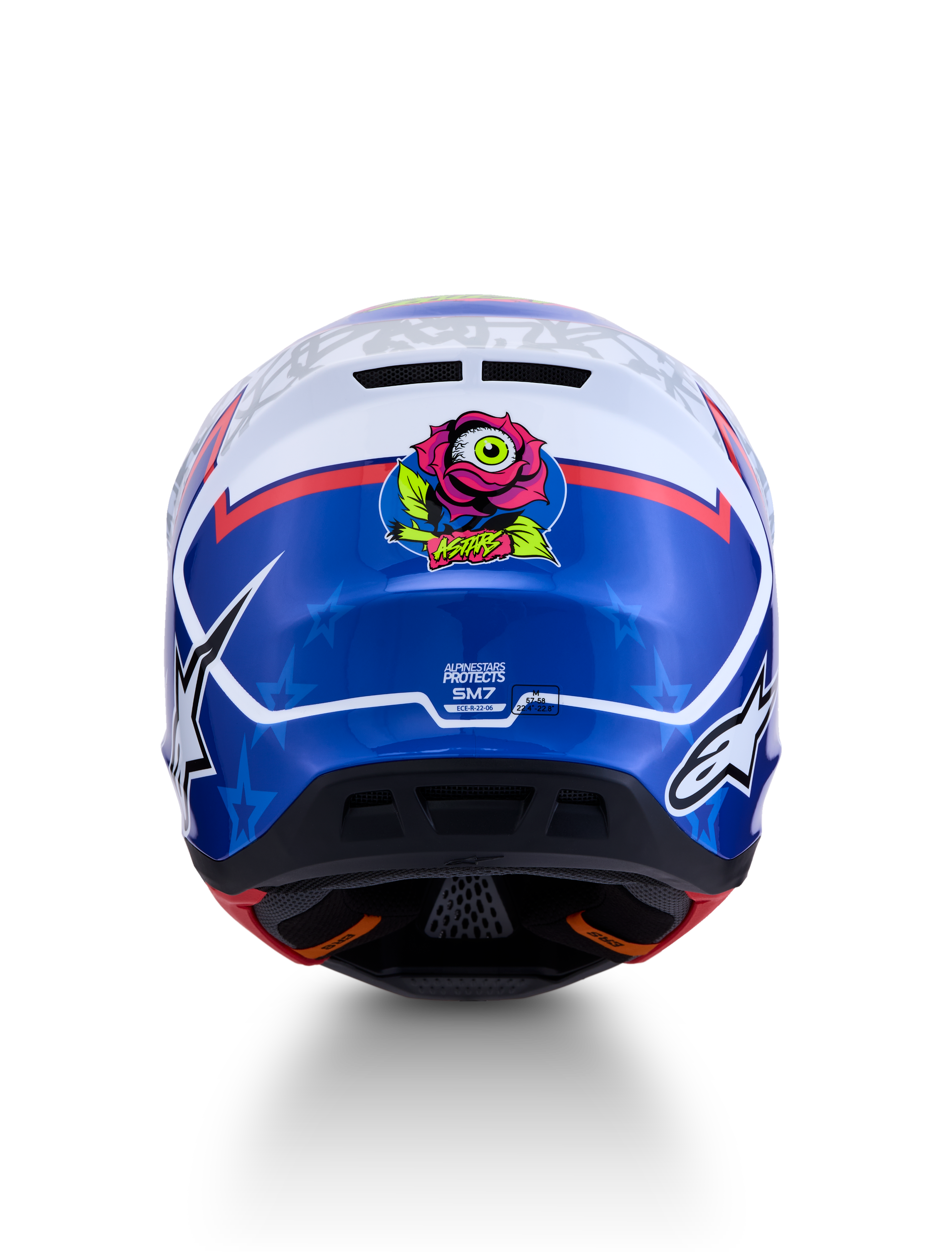 Alpinestars S-M7 Blaster Helmet, Blue and White Glossy MX Helmet with rear rose-eyeball graphic and star design motifs.