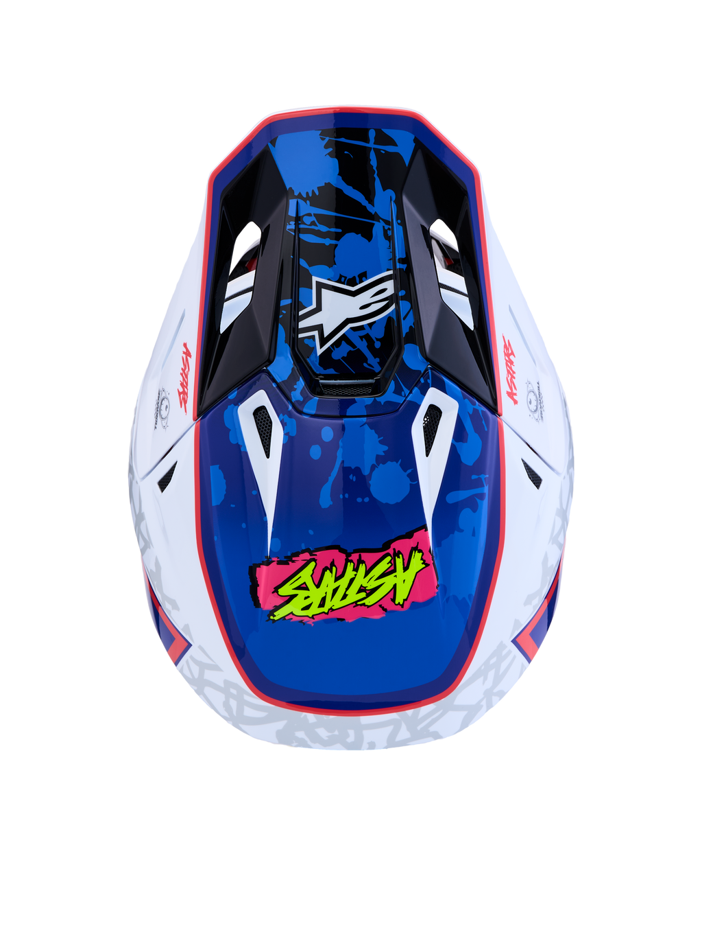 Alpinestars S-M7 Blaster Helmet, Motocross Racing Helmet, White and Blue Glossy, top view showing aerodynamic shell, ventilation ports, and ECE certified protection.