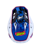 Alpinestars S-M7 Blaster Helmet, Motocross Racing Helmet, White and Blue Glossy, top view showing aerodynamic shell, ventilation ports, and ECE certified protection.