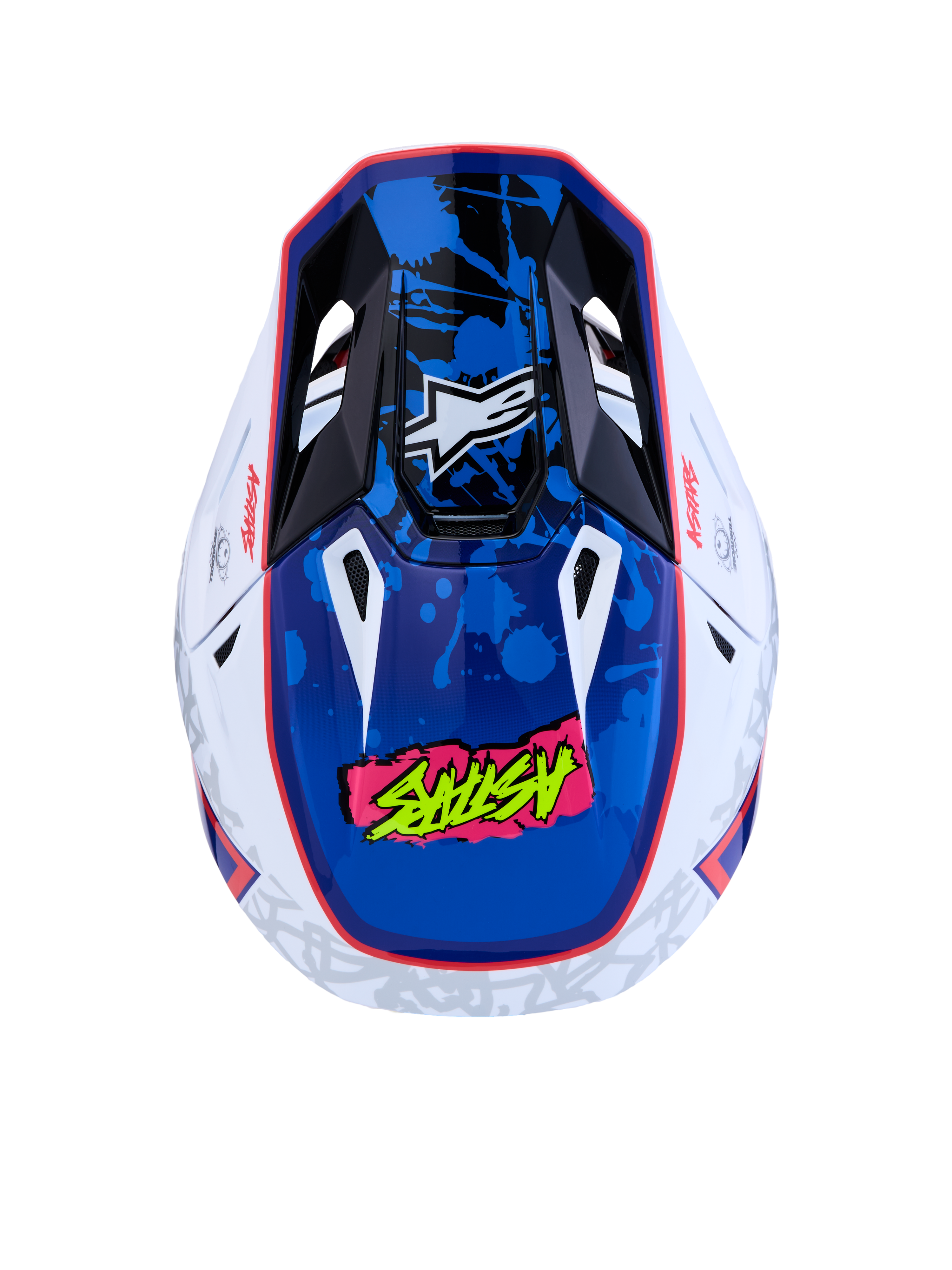 Alpinestars S-M7 Blaster Helmet, Motocross Racing Helmet, White and Blue Glossy, top view showing aerodynamic shell, ventilation ports, and ECE certified protection.