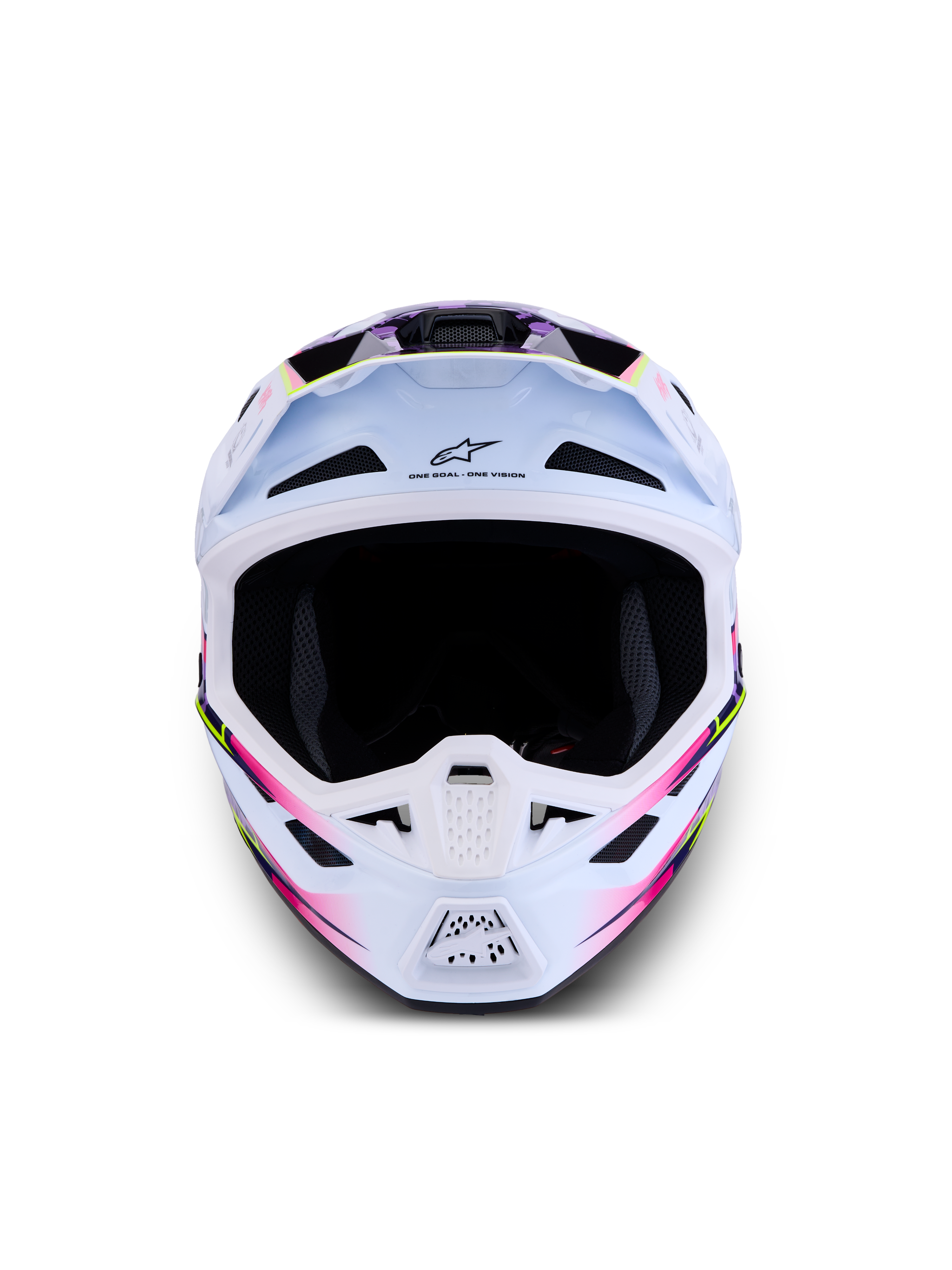 Alpinestars S-M7 Blaster Helmet, Motocross Racing, Purple/Pink/White Glossy, aerodynamic ECE 22.06 certified shell.