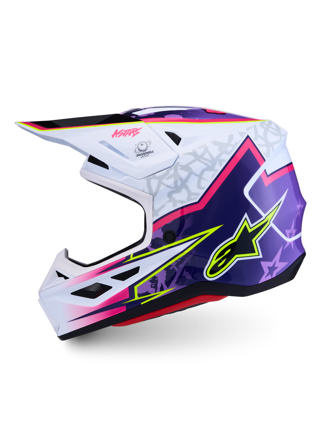 Alpinestars S-M7 Blaster Helmet, Purple and Pink Motocross Helmet, White Glossy, lightweight off-road protection.