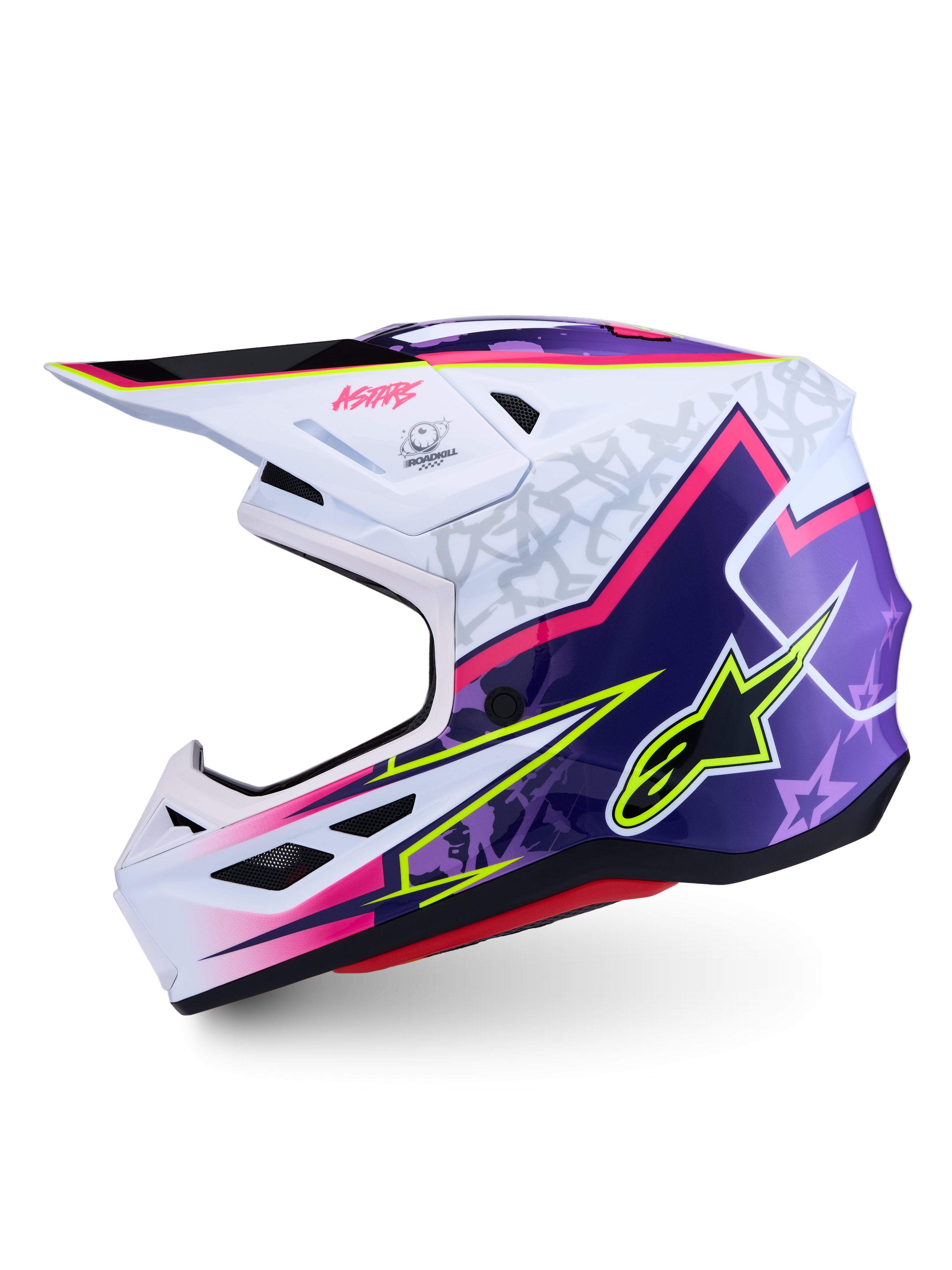 Alpinestars S-M7 Blaster Helmet, Purple and Pink Motocross Helmet, White Glossy, lightweight off-road protection.