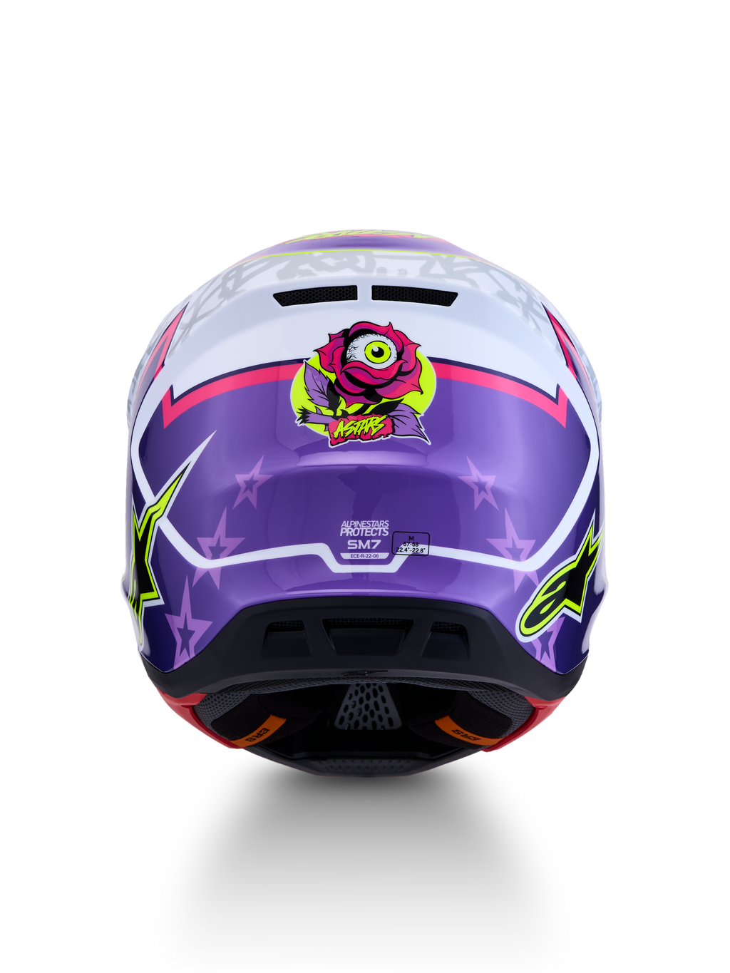 Alpinestars S-M7 Blaster Helmet in Purple and White, featuring a rose eye graphic and ECE 22.06 certified back view.