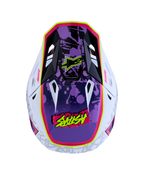 Alpinestars S-M7 Blaster Motocross Helmet, Purple and Pink Glossy, top-down view showing aerodynamic shell, splatter graphics, and ECE certification.