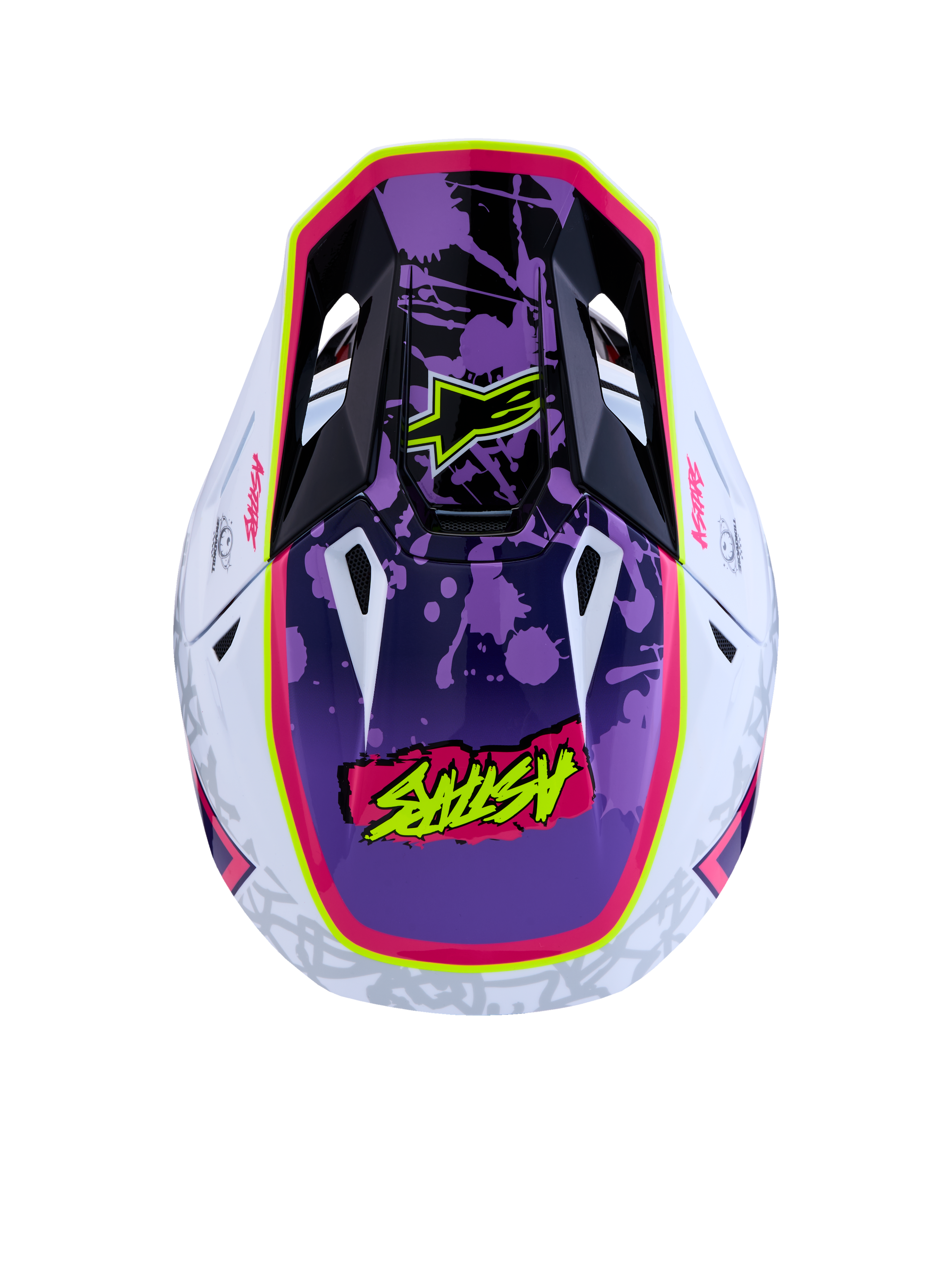 Alpinestars S-M7 Blaster Motocross Helmet, Purple and Pink Glossy, top-down view showing aerodynamic shell, splatter graphics, and ECE certification.