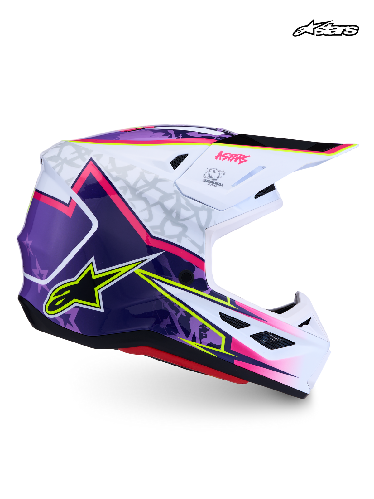 Alpinestars S-M7 Blaster Helmet, motocross racing helmet, purple, pink, and white glossy, ECE 06 and DOT certified, composite shell construction