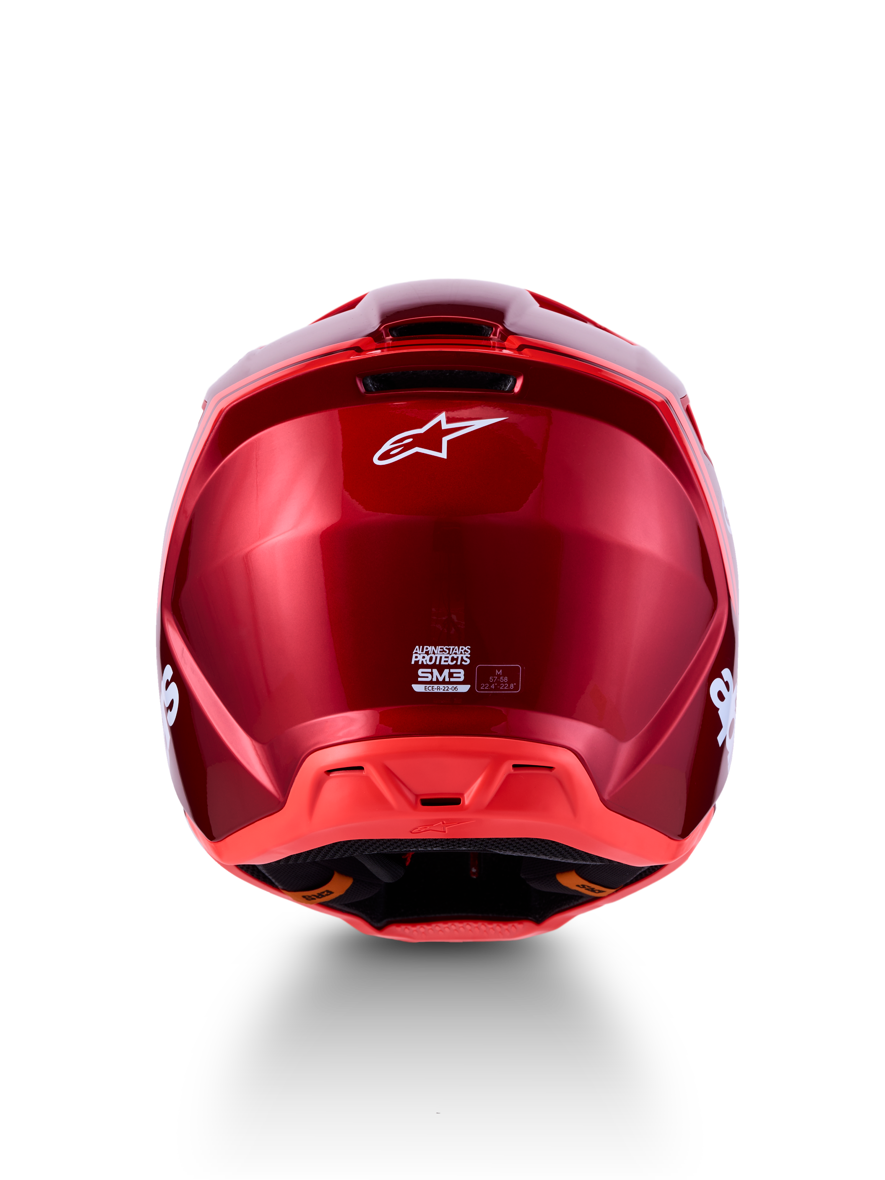 Alpinestars SM3 Radium Helmet, Red Motochrome motocross helmet, rear view with ventilation ports and ECE certification.