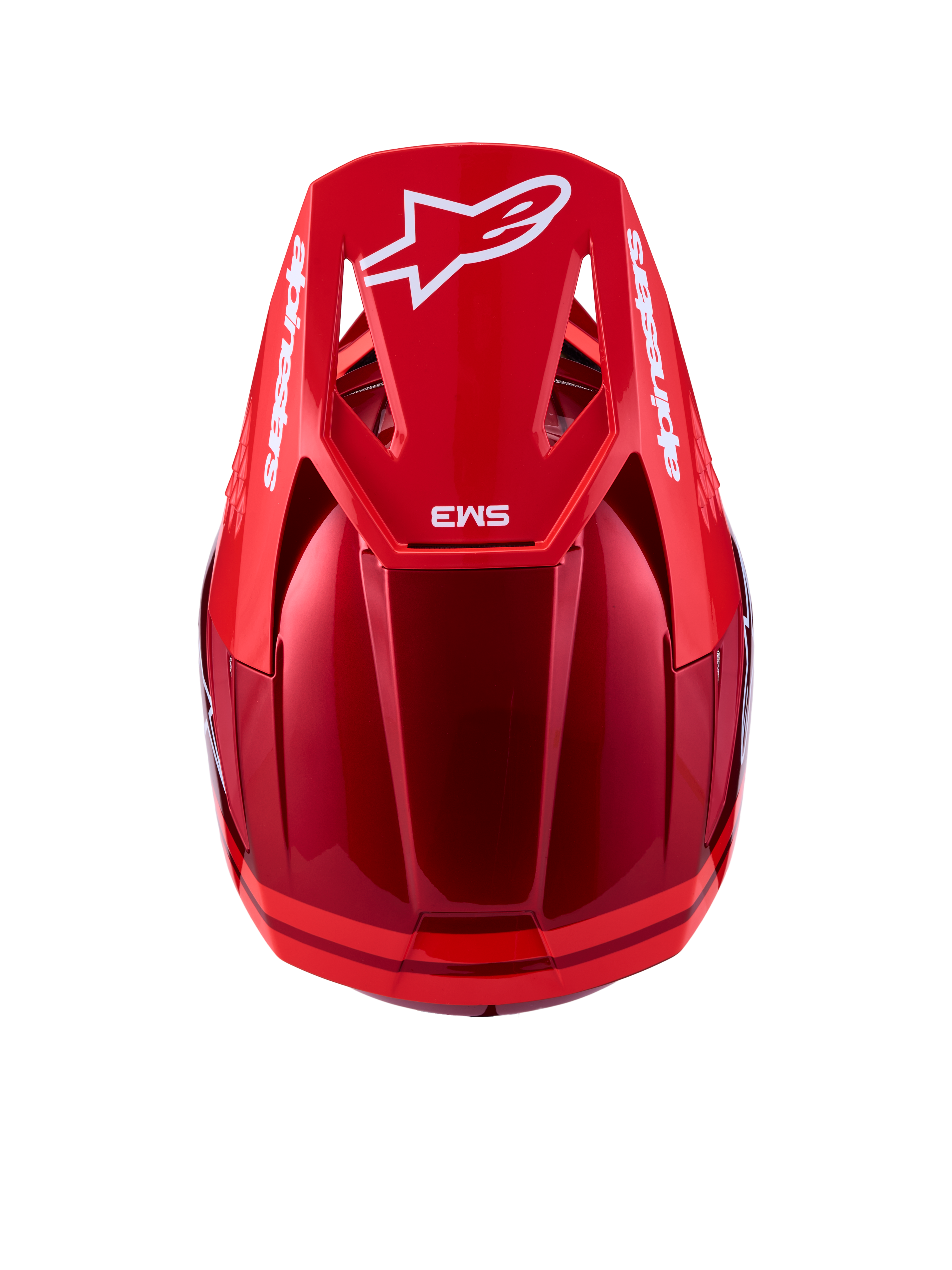 Alpinestars SM3 Radium Motocross Helmet, Red and White, showing the aerodynamic shell and visor from above, ECE certified.