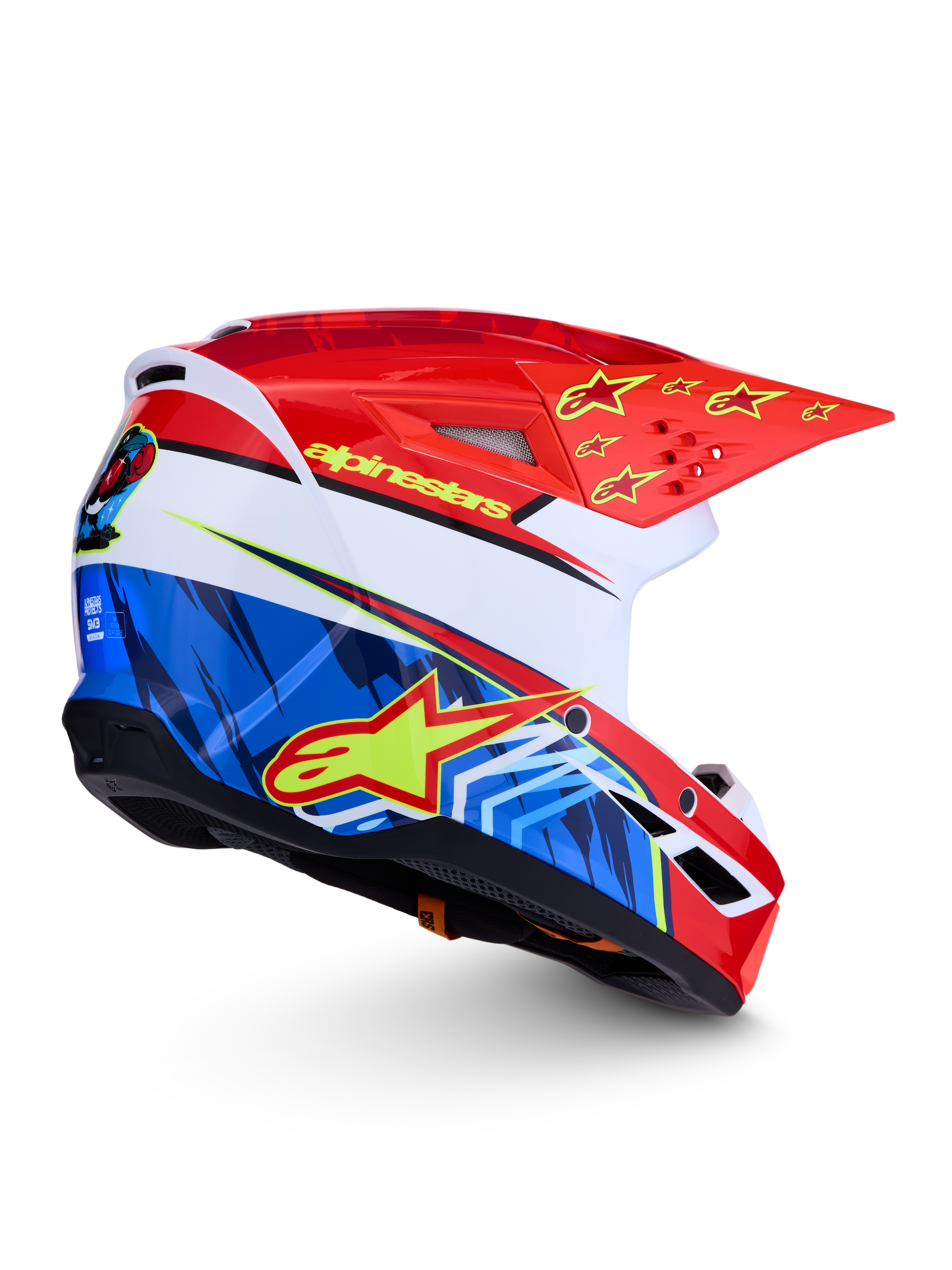 Alpinestars SM3 Falcon Helmet, Motocross and Off-road, Red, White, and Blue, Glossy finish with yellow fluo star logos.
