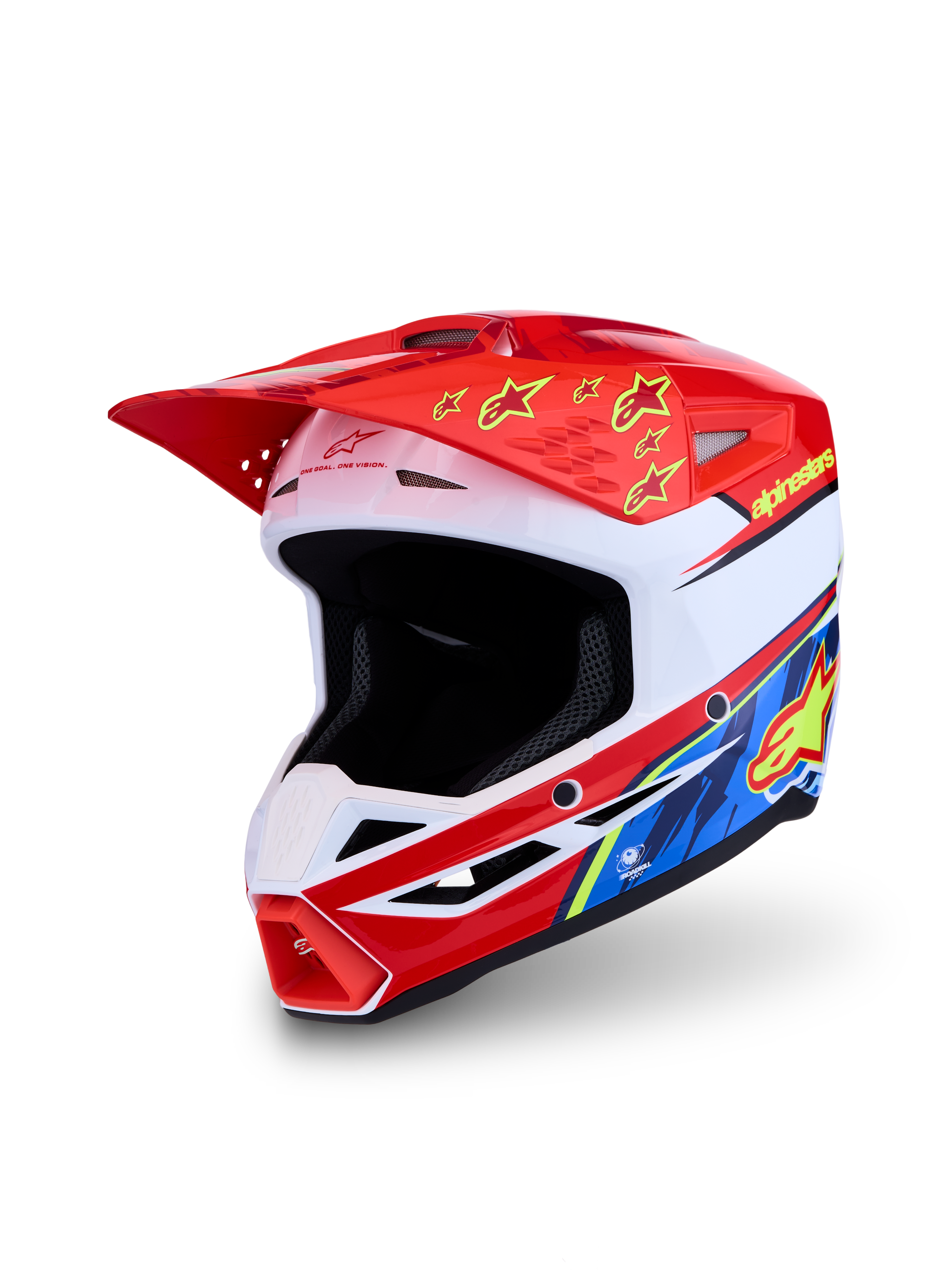 Alpinestars SM3 Falcon Helmet, red and white motocross helmet with blue accents and ECE 2206 certified off-road protection.