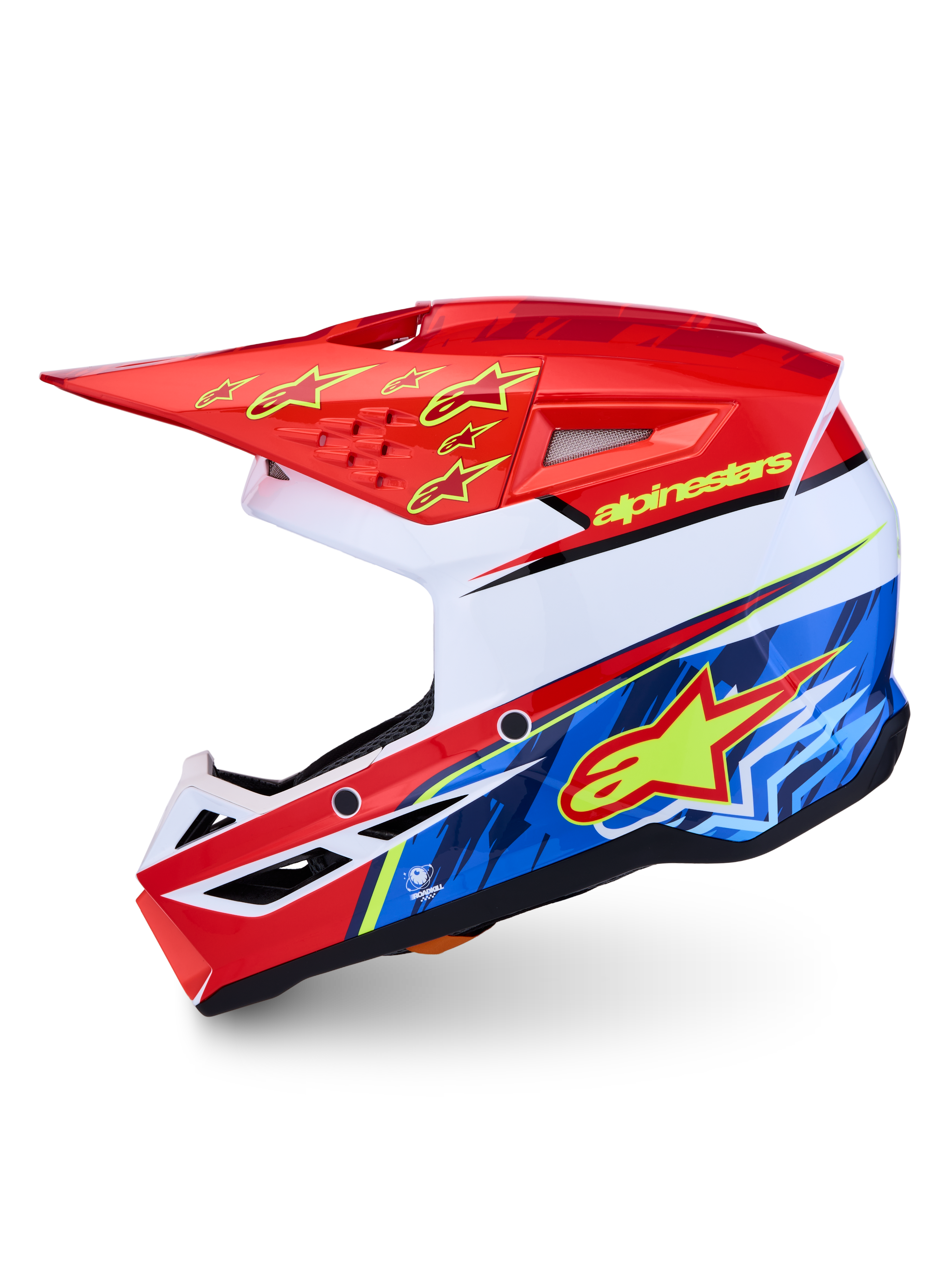 Alpinestars SM3 Falcon Motocross Helmet, Red Fluo, White, Blue, and Yellow Fluo, ECE 2206 and DOT certified.