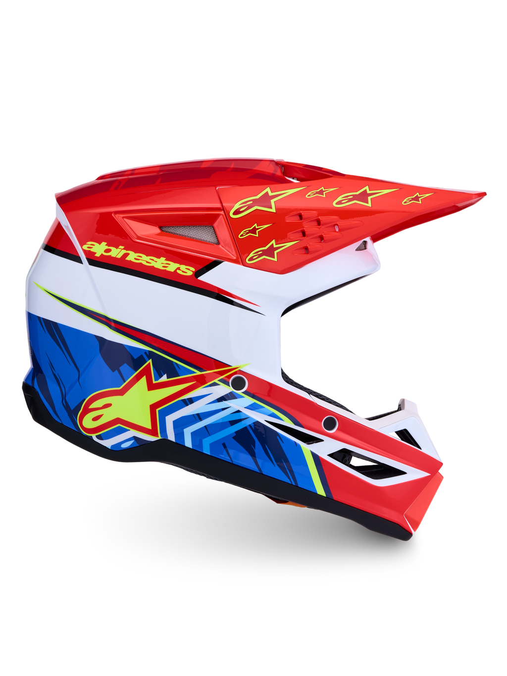 Alpinestars SM3 Falcon Motocross Helmet, red and blue with yellow fluo graphics, ECE 2206 and DOT certified.