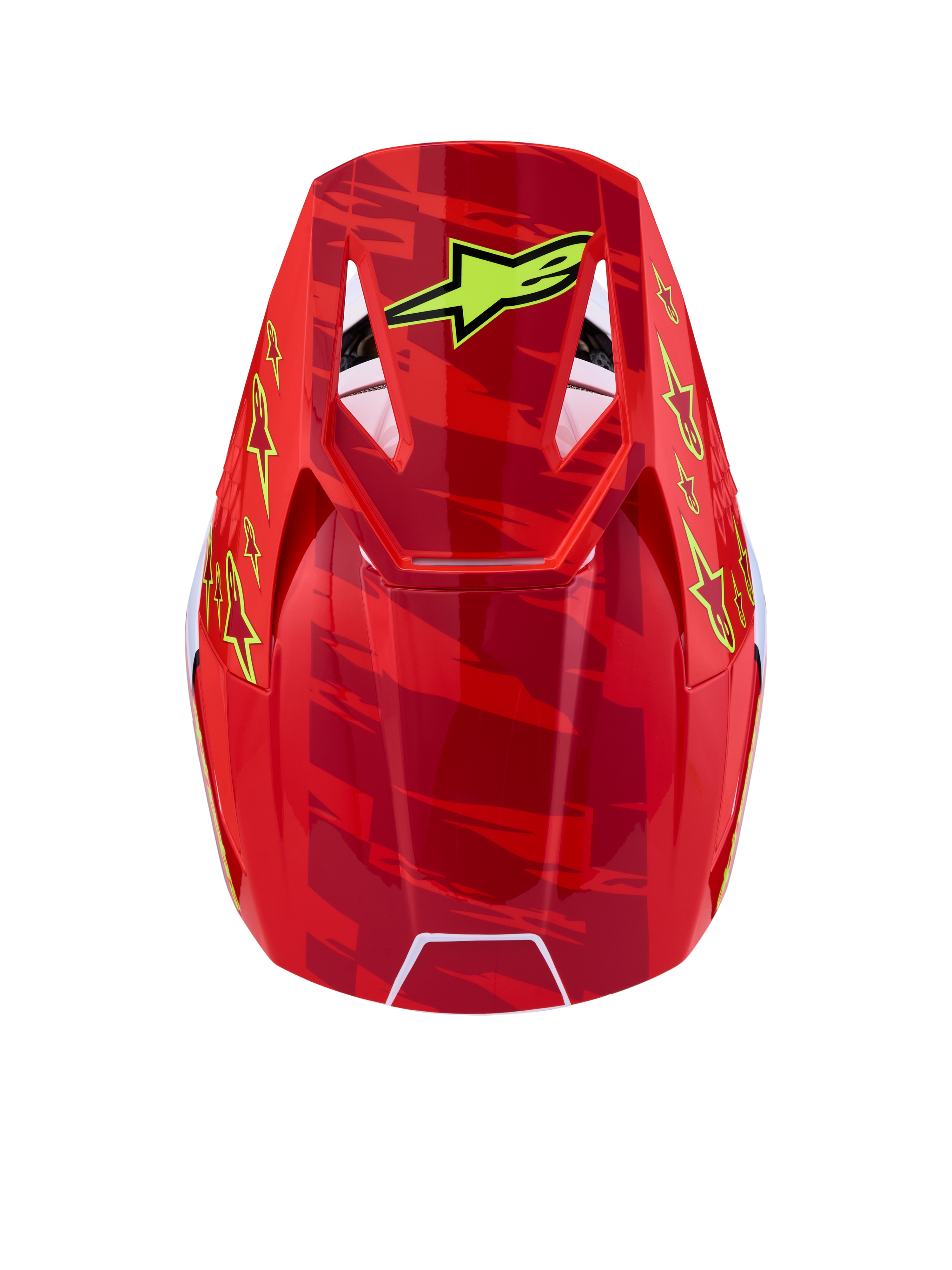 Alpinestars SM3 Falcon Helmet, Red and Fluo Yellow Motocross Helmet, top view with star graphics, ECE 2206 certified.