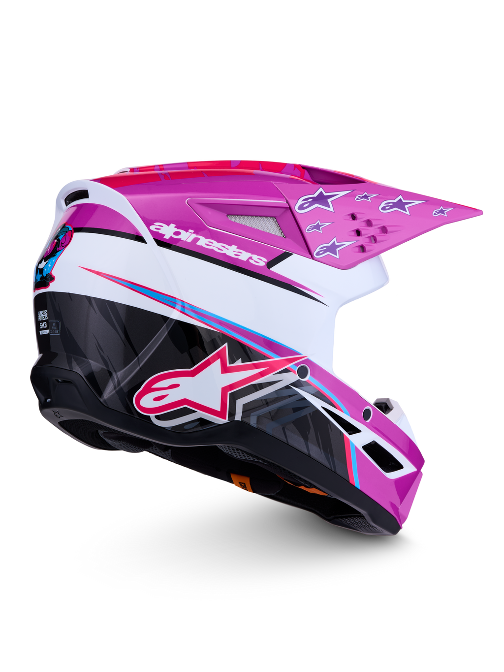 Alpinestars SM3 Falcon Helmet, Purple and White Glossy Motocross Helmet with Pink Fluo accents, ECE 2206 and DOT certified.