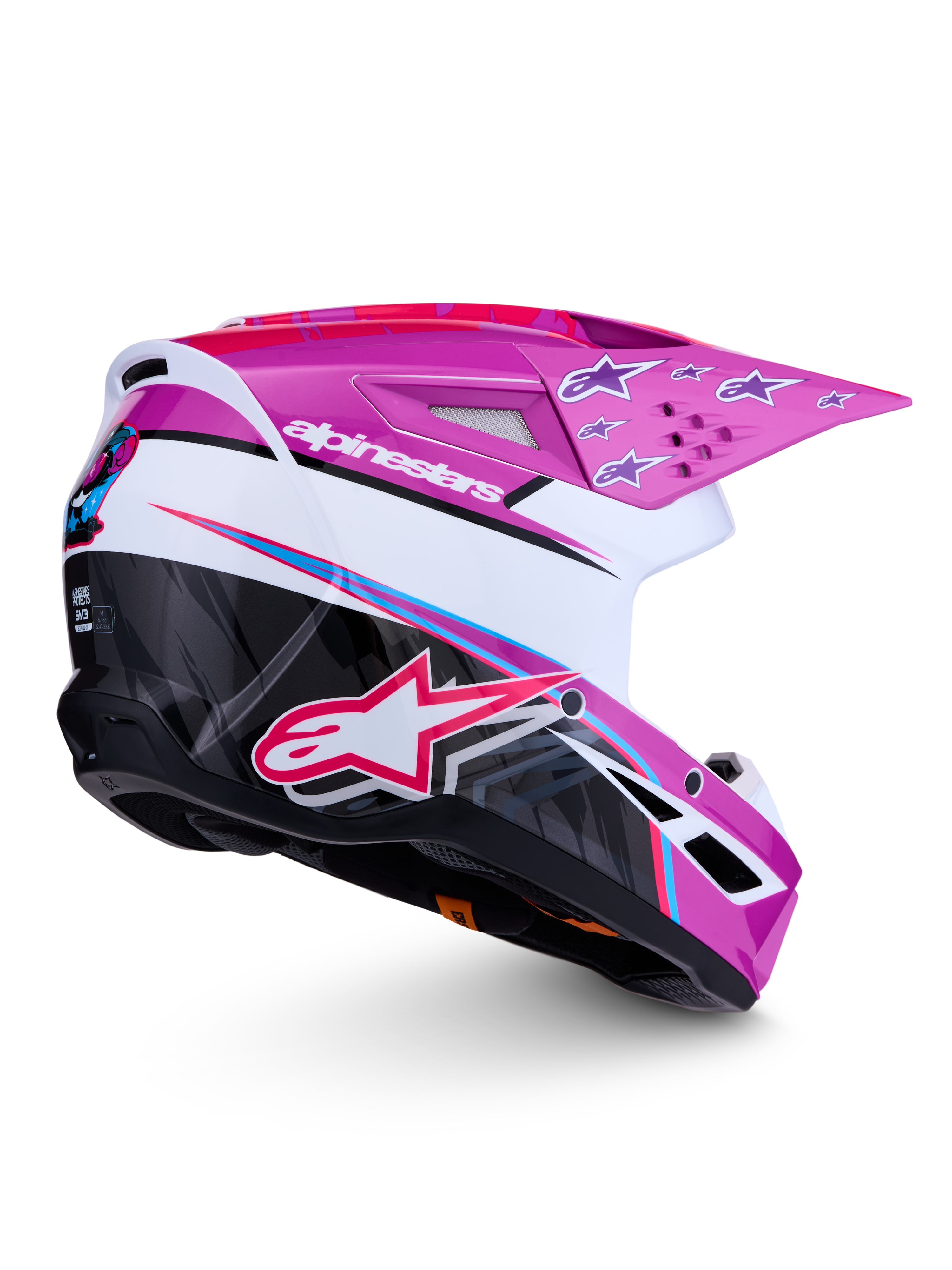Alpinestars SM3 Falcon Helmet, Purple and White Glossy Motocross Helmet with Pink Fluo accents, ECE 2206 and DOT certified.