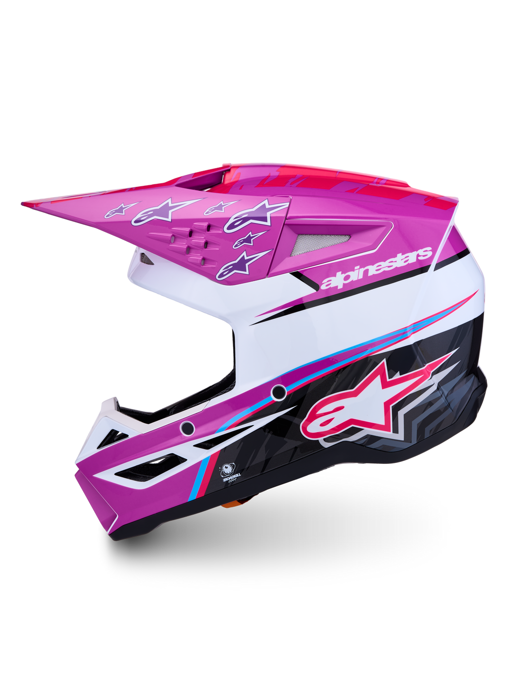 Alpinestars SM3 Falcon Motocross Helmet, Purple and White Glossy with Pink Fluo accents, ECE06 certified racing protection.