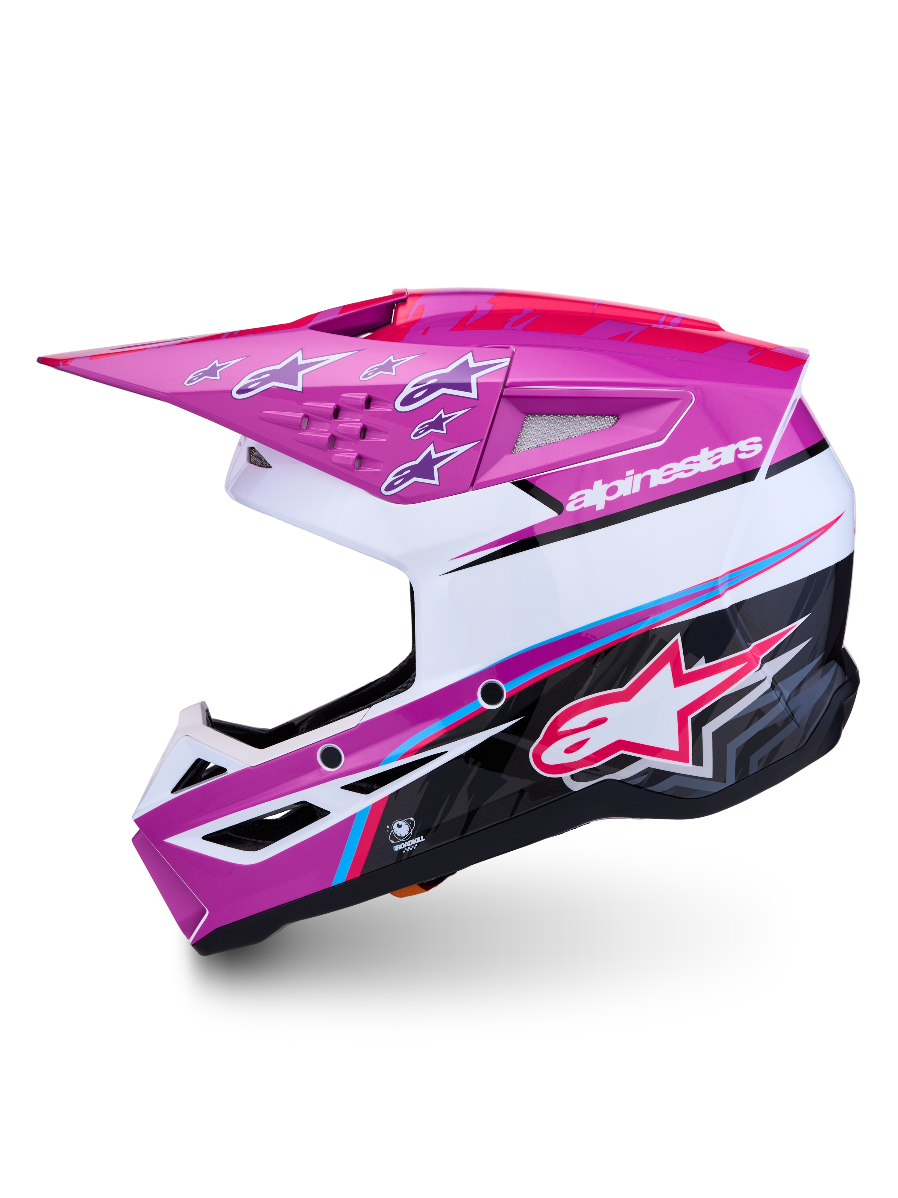 Alpinestars SM3 Falcon Motocross Helmet, Purple and White Glossy with Pink Fluo accents, ECE06 certified racing protection.