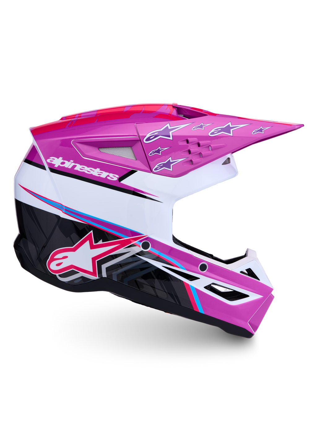 Alpinestars SM3 Falcon Motocross Helmet, Purple and White Glossy shell with Pink Fluo accents, ECE 22.06 and DOT certified.