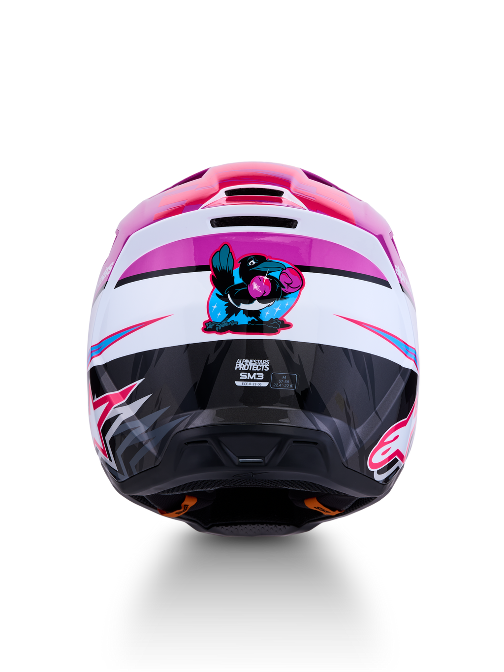 Alpinestars SM3 Falcon Helmet, Purple and Pink Fluo motocross helmet with boxing bird graphic and ECE06 certification.