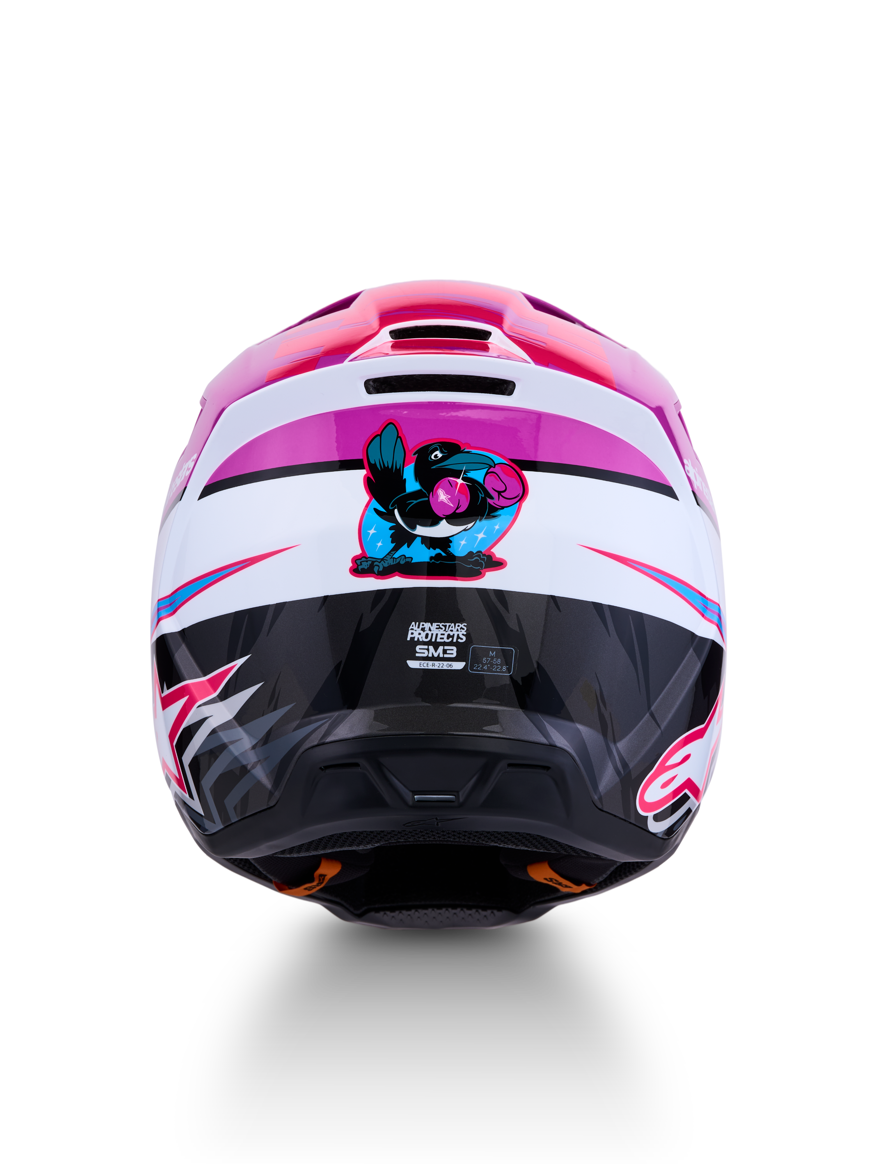 Alpinestars SM3 Falcon Helmet, Purple and Pink Fluo motocross helmet with boxing bird graphic and ECE06 certification.