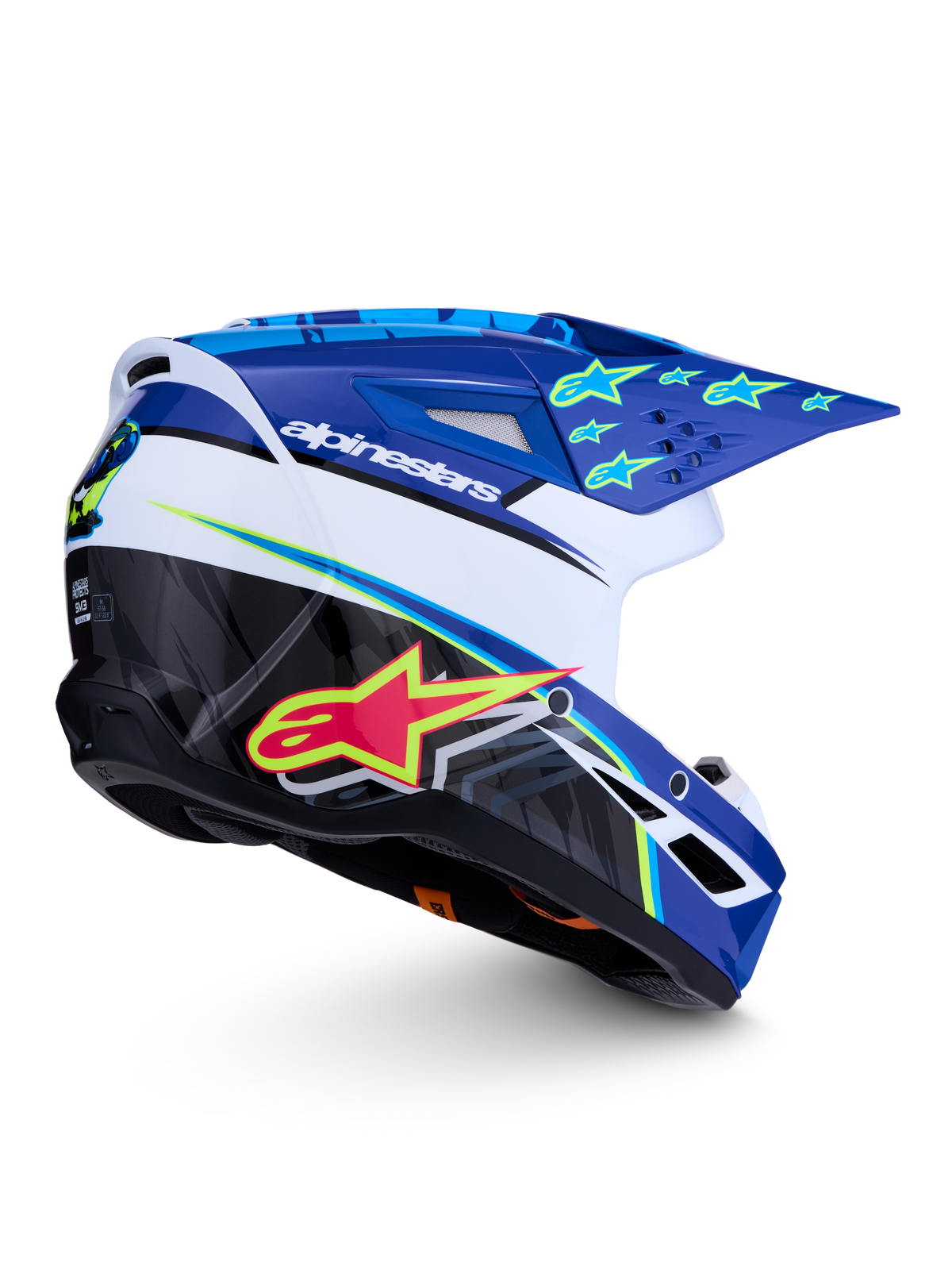 Alpinestars SM3 Falcon Helmet, Blue and White Motocross Helmet with Pink and Yellow Fluo graphics, ECE and DOT certified.