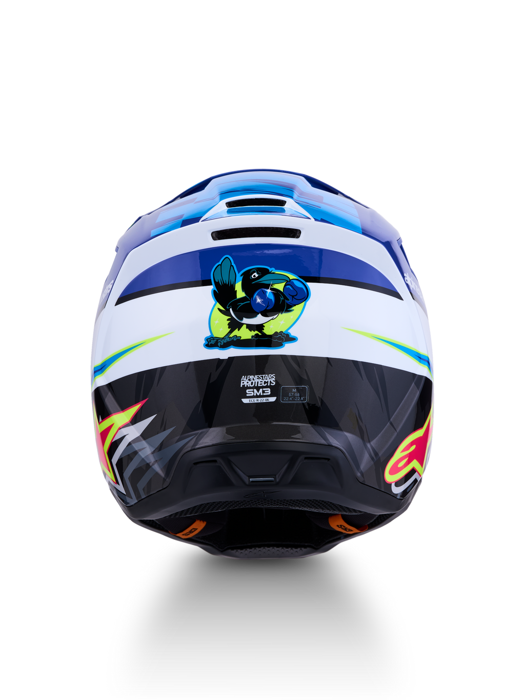Alpinestars SM3 Falcon Helmet, blue and white motocross helmet with a cartoon falcon graphic and fluo accents.