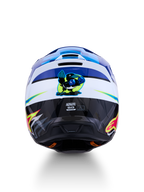 Alpinestars SM3 Falcon Helmet, blue and white motocross helmet with a cartoon falcon graphic and fluo accents.