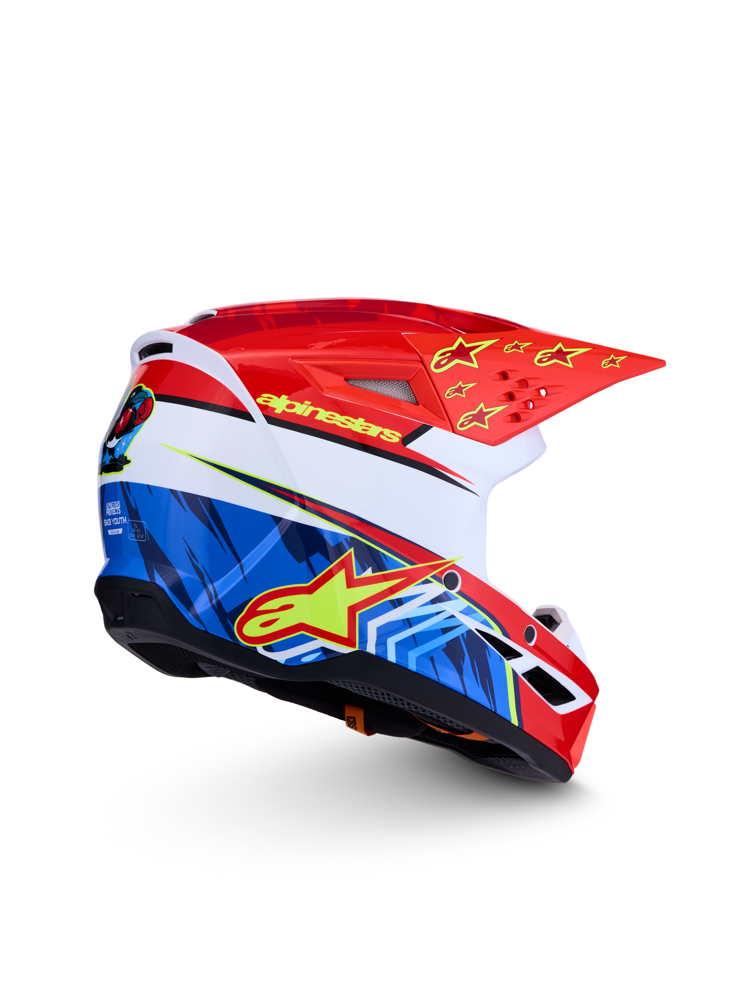 Alpinestars SM3 Youth Falcon Helmet, red and blue motocross helmet for off-road racing, ECE and DOT certified.