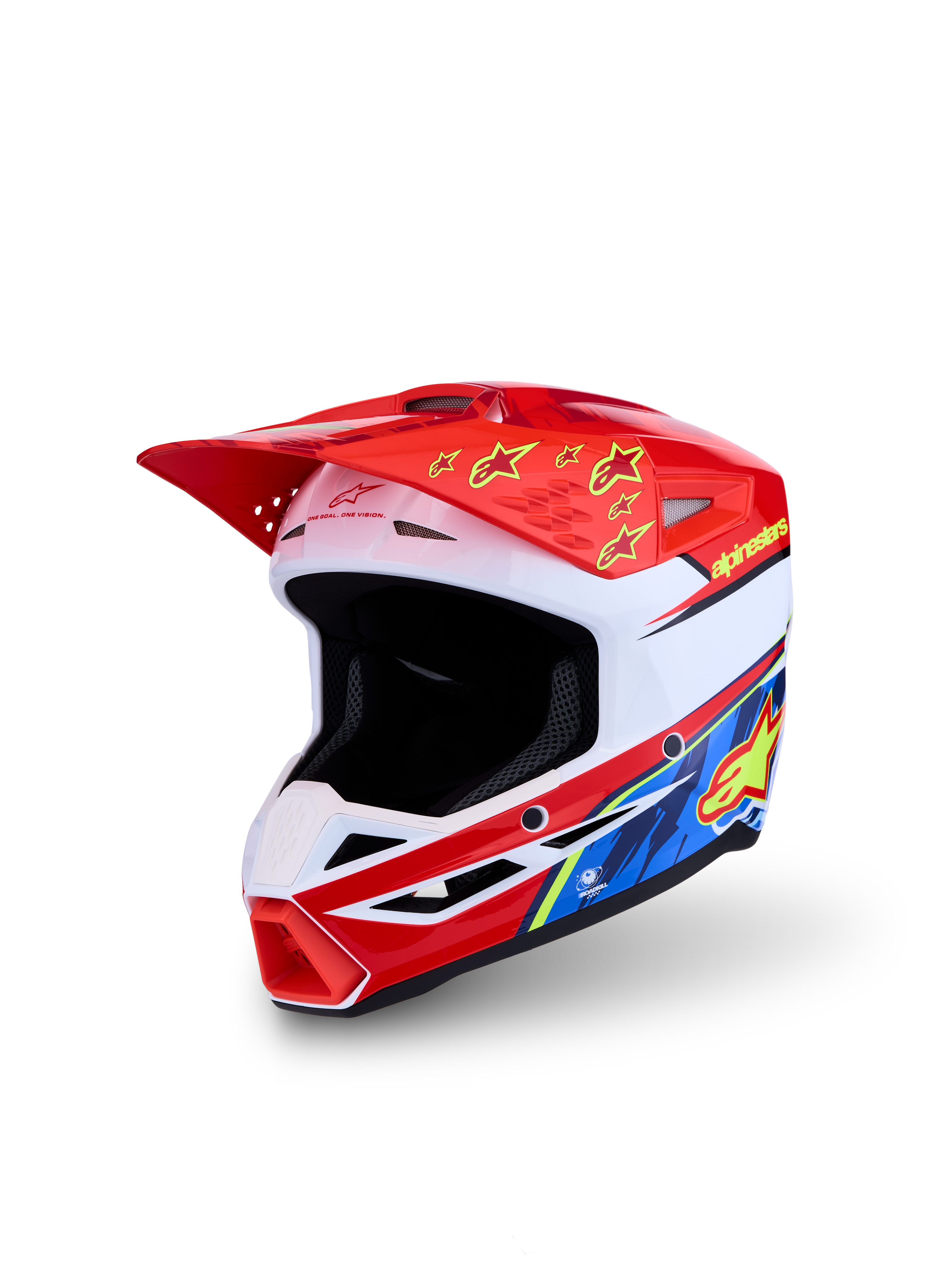 Alpinestars SM3 Youth Falcon Helmet, red and white motocross helmet with yellow accents, ECE 22.06 certified.