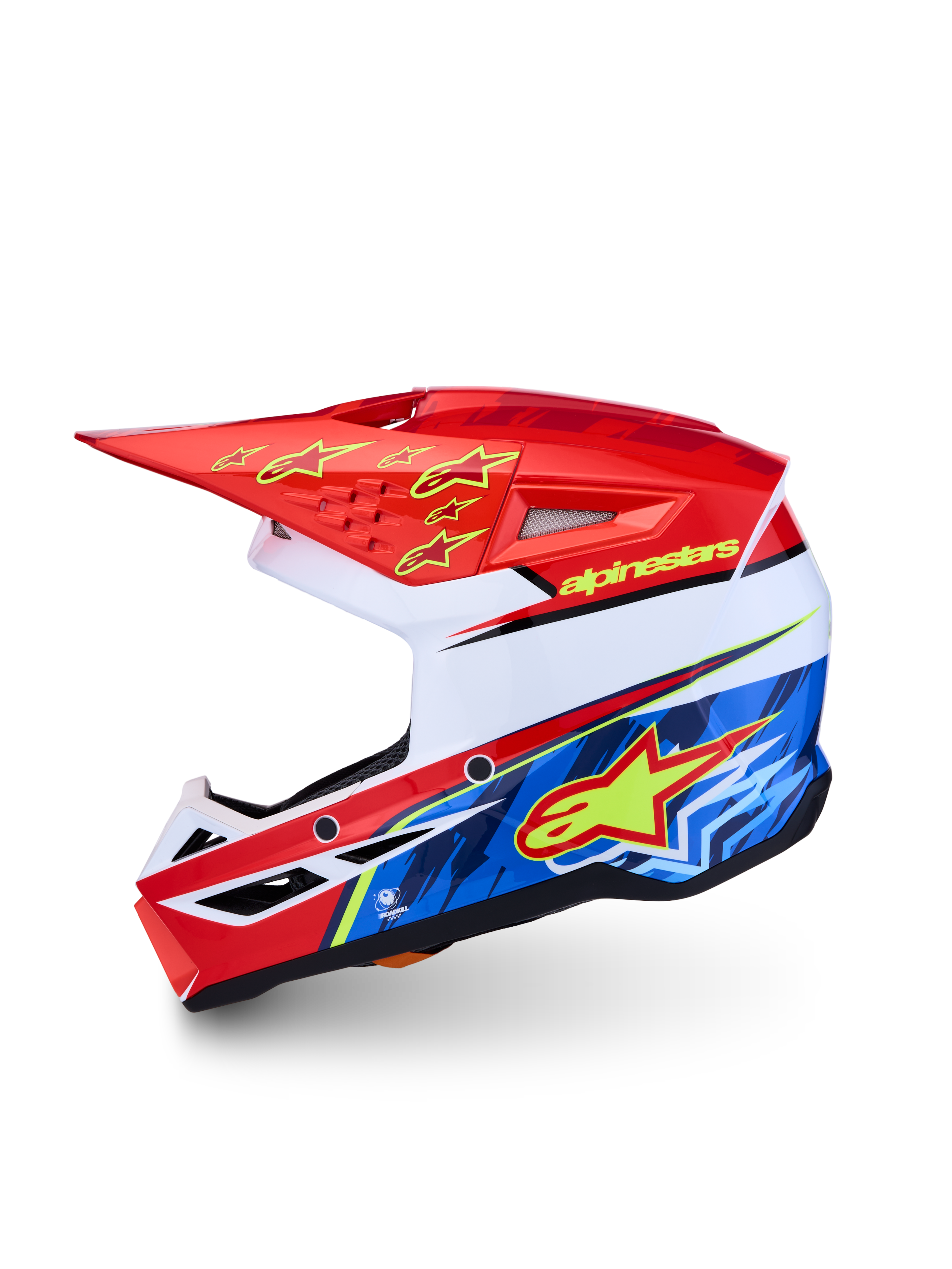Alpinestars SM3 Youth Falcon Motocross Helmet in red fluo, white, and blue with lightweight thermoplastic shell.