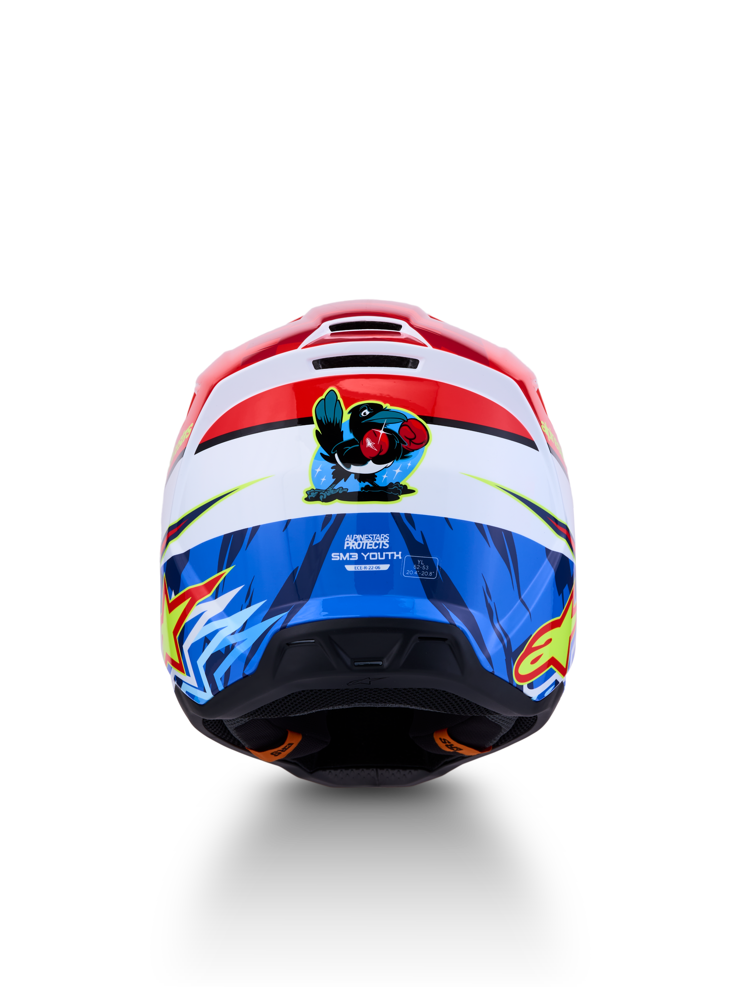 Alpinestars SM3 Youth Falcon Helmet, red, white, and blue kids motocross helmet with rear falcon graphic, ECE certified.
