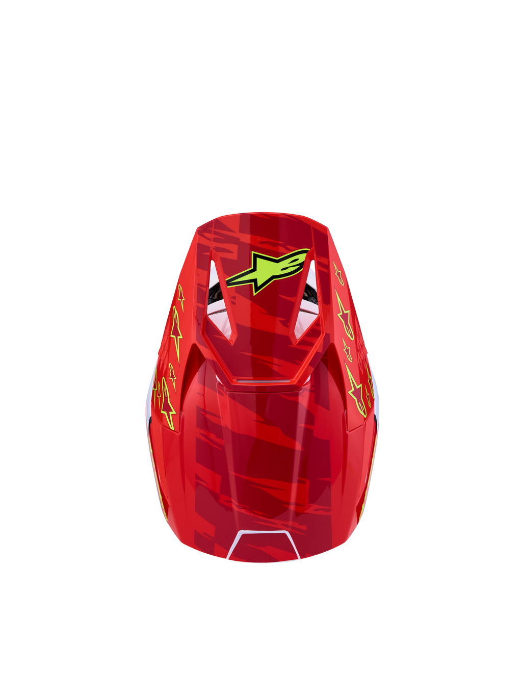 Alpinestars SM3 Youth Falcon Helmet, Motocross, Youth, Red and Neon Yellow, top view showing aerodynamic shell graphics.