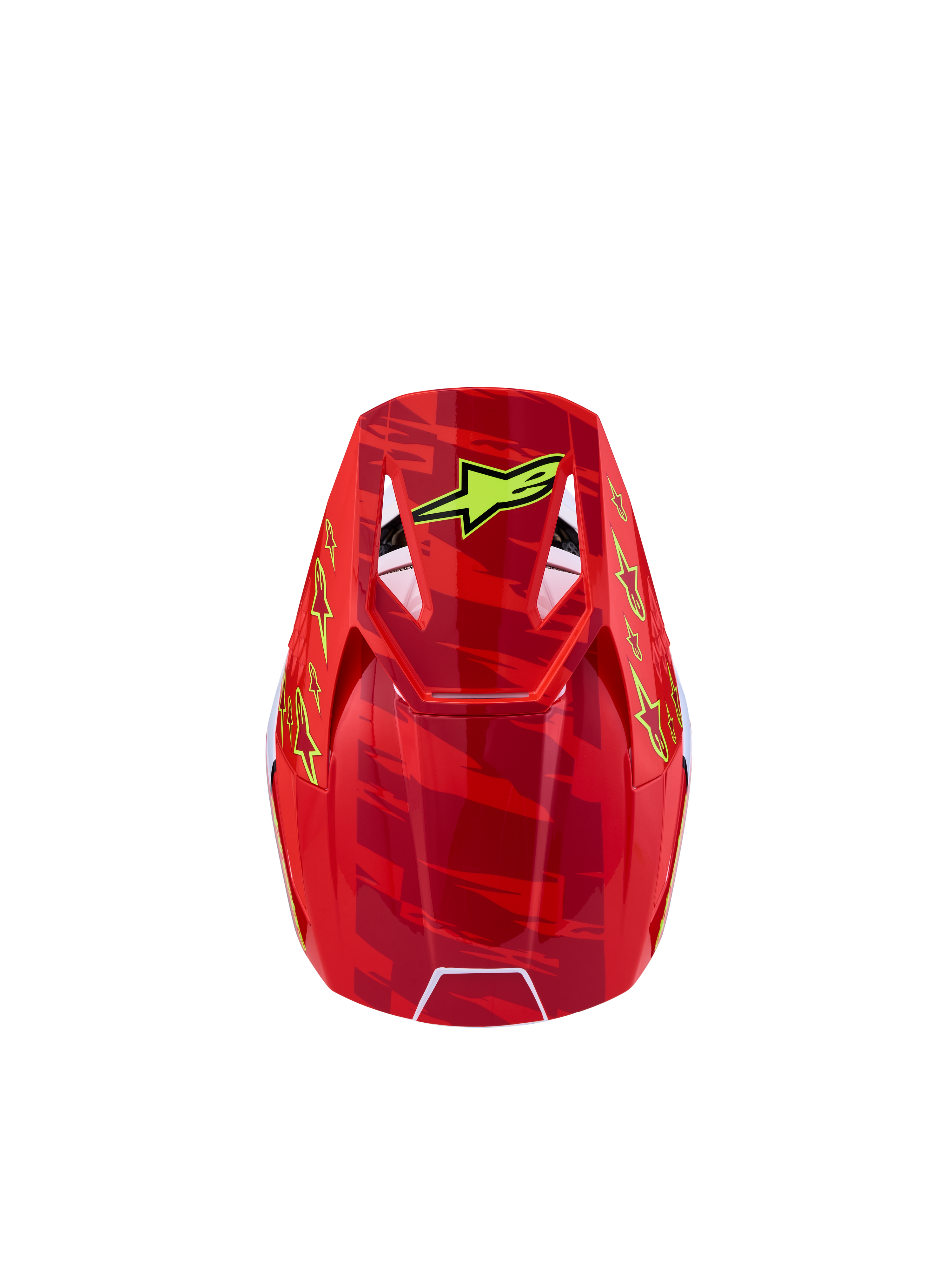 Alpinestars SM3 Youth Falcon Helmet, Motocross, Youth, Red and Neon Yellow, top view showing aerodynamic shell graphics.