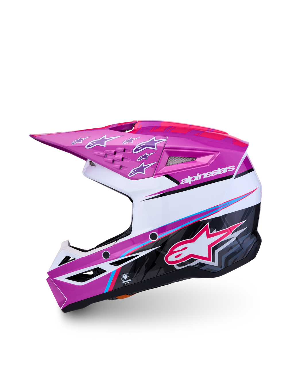 Alpinestars SM3 Youth Falcon Helmet, purple and white youth motocross helmet with pink fluo accents and glossy finish.
