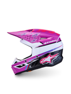 Alpinestars SM3 Youth Falcon Helmet, purple and white youth motocross helmet with pink fluo accents and glossy finish.