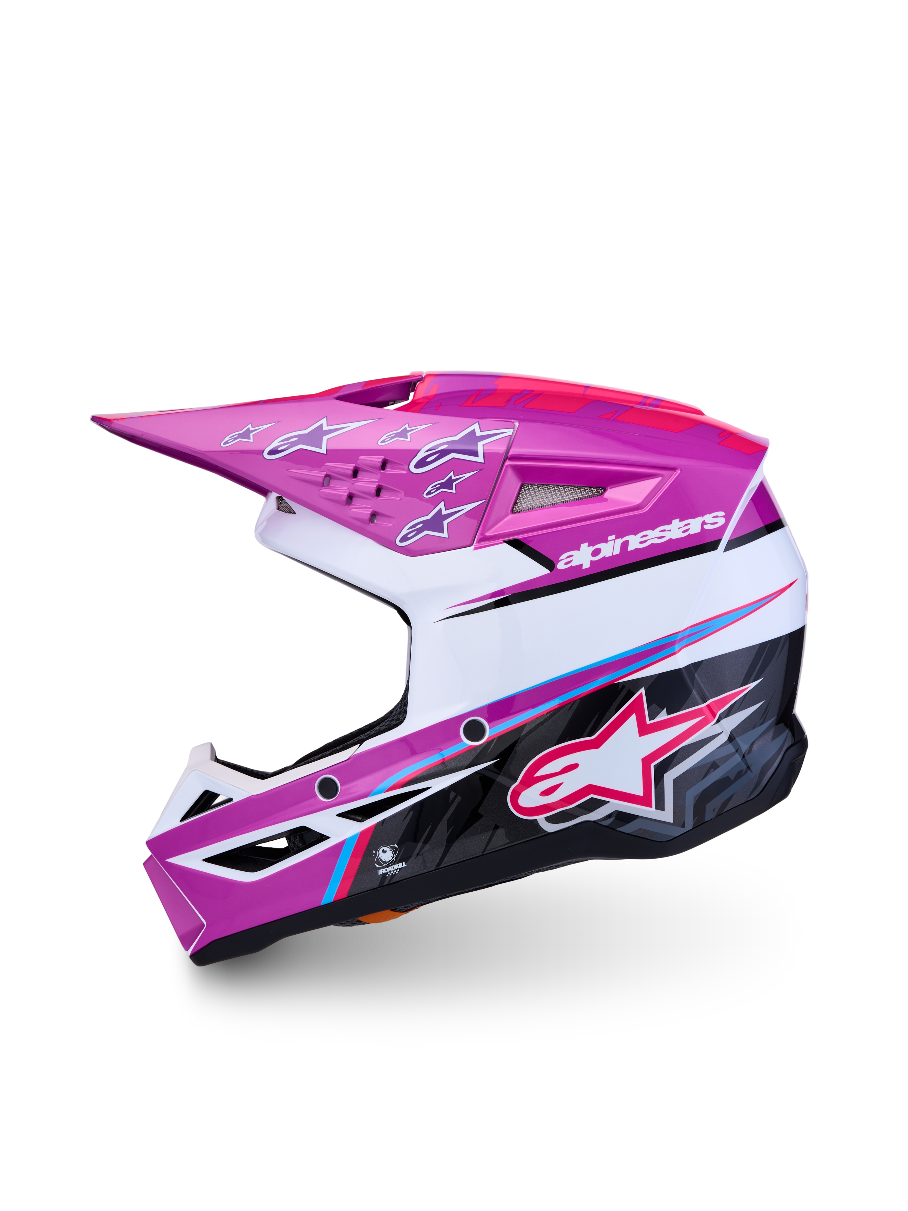 Alpinestars SM3 Youth Falcon Helmet, purple and white youth motocross helmet with pink fluo accents and glossy finish.