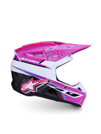 Alpinestars SM3 Youth Falcon Helmet ECE06/DOT, purple and white motocross racing gear with pink fluo and glossy finish.