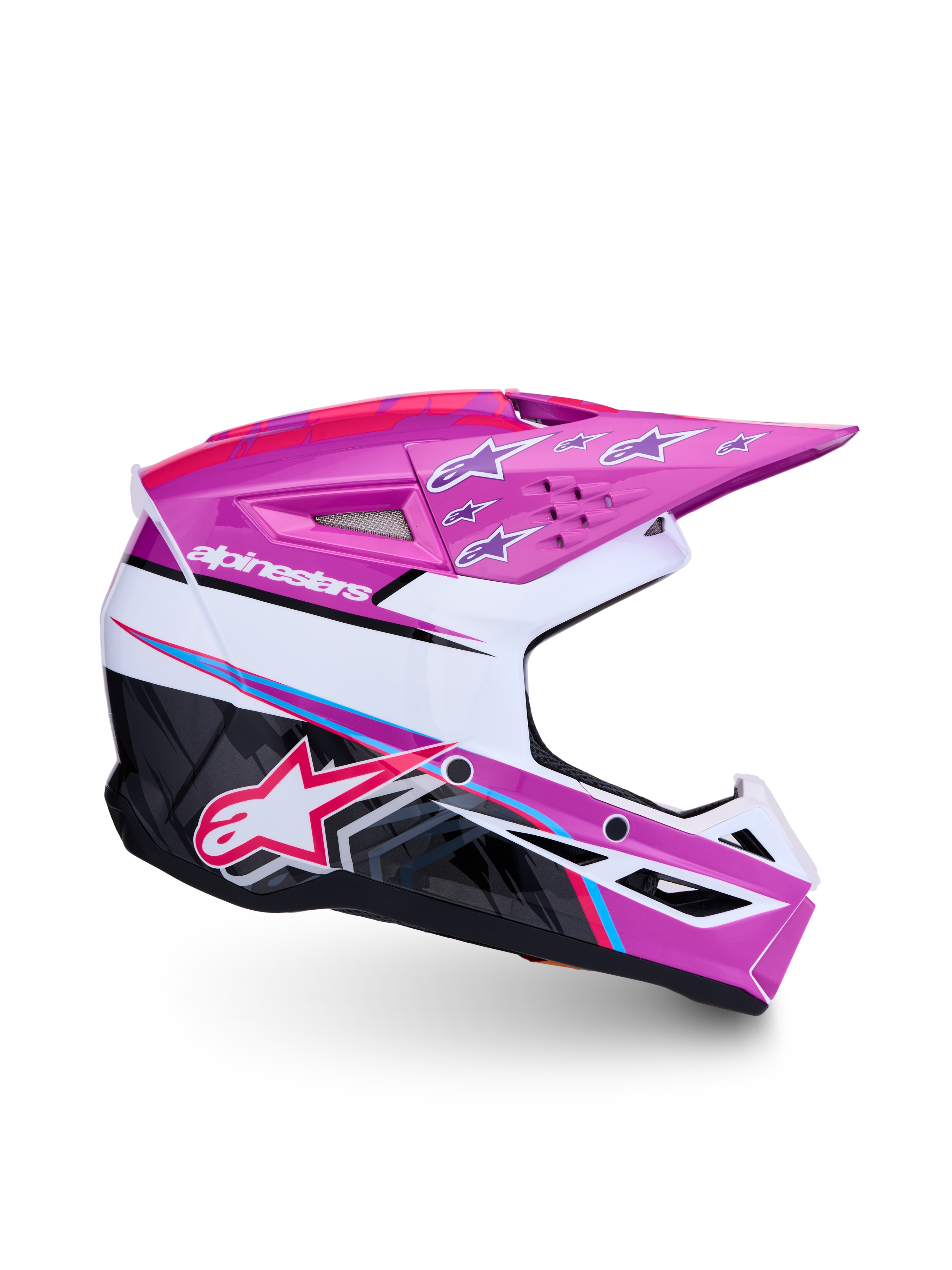 Alpinestars SM3 Youth Falcon Helmet ECE06/DOT, purple and white motocross racing gear with pink fluo and glossy finish.